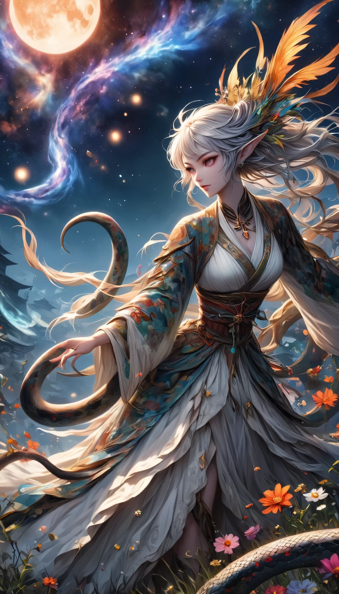 Dark Elves Control the Aesthetic Galaxy, Cosmos gather and are reminiscent of beautiful snakes , Make the image of a serpent with no substance , Art depicting galactic regeneration with the theme of revival, BREAK Please make the image of a serpent without substance even stronger, Storytelling about the Year of the Snake , spirit of the wind
