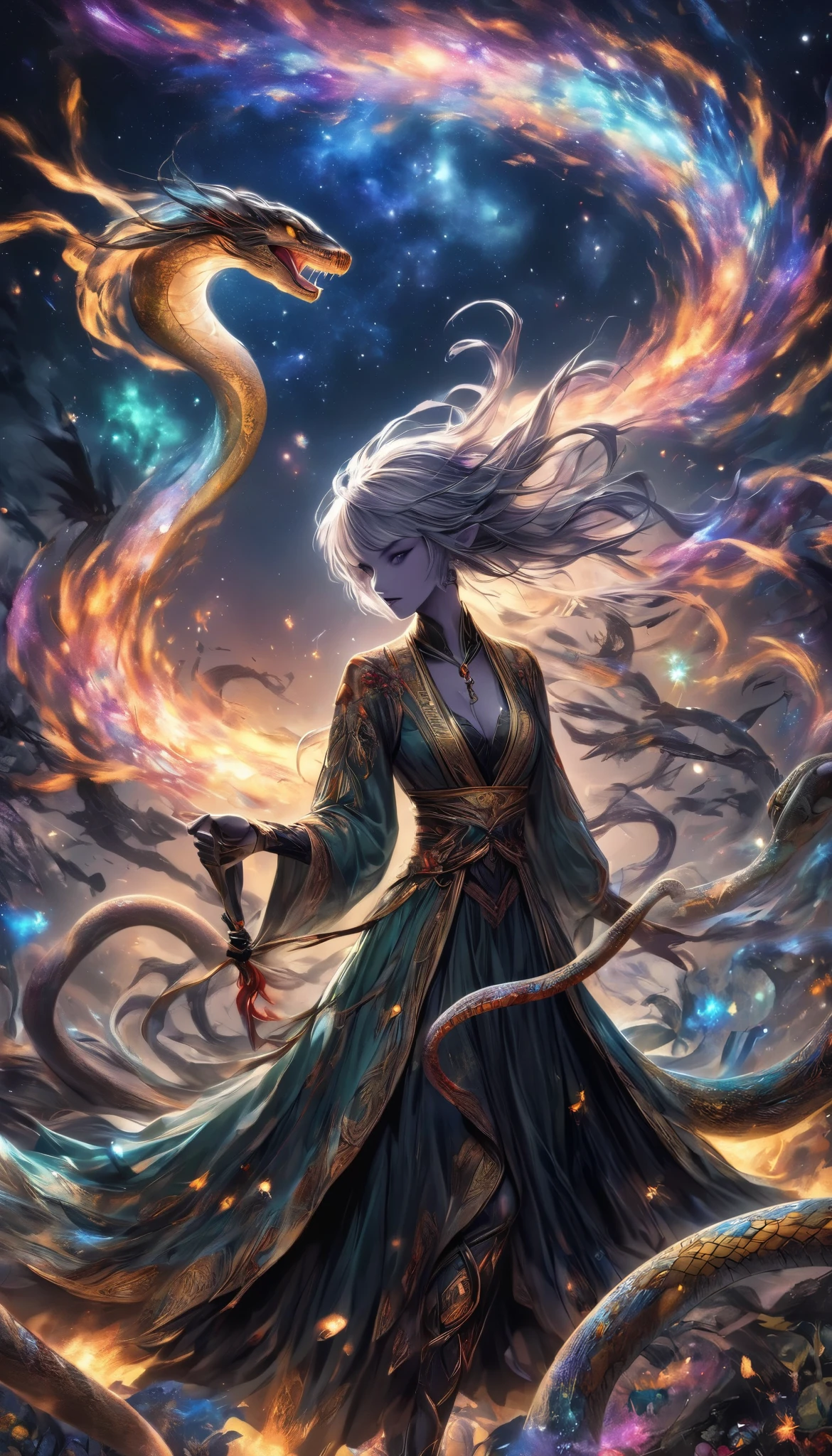 Dark Elves Control the Aesthetic Galaxy, Cosmos gather and are reminiscent of beautiful snakes , Make the image of a serpent with no substance , Art depicting galactic regeneration with the theme of revival, BREAK Please make the image of a serpent without substance even stronger, Storytelling about the Year of the Snake , spirit of the wind