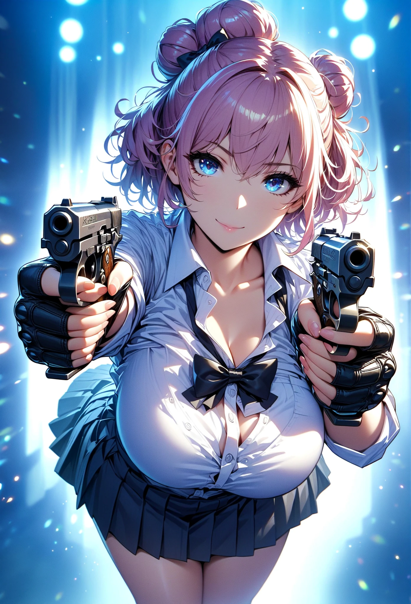 (best quality:1.2), JK, huge tit, 1girl,black bow,black bowtie,blonde hair,bow,bowtie,breasts,hair bun,long hair,looking at viewer,pink hair,pleated skirt,shirt tucked in,short hair,skirt,smile,tented shirt,Beautiful and delicate eyes, Beautiful and delicate lips, Extremely detailed eyes and face, long eyelashes, bright colors, professional, Super detailed, actual, studio lighting, Physically based rendering,holding gun with both hands,Aim at you