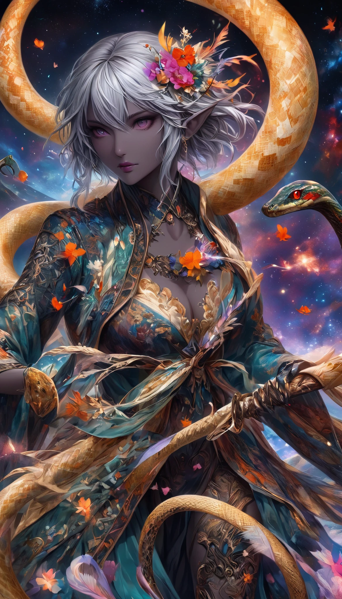 Dark Elves Control the Aesthetic Galaxy,  Cosmos gather and are reminiscent of beautiful snakes , Make the image of a serpent with no substance ,  Art depicting galactic regeneration with the theme of revival, BREAK Please make the image of a serpent without substance even stronger, Storytelling about the Year of the Snake , spirit of the wind