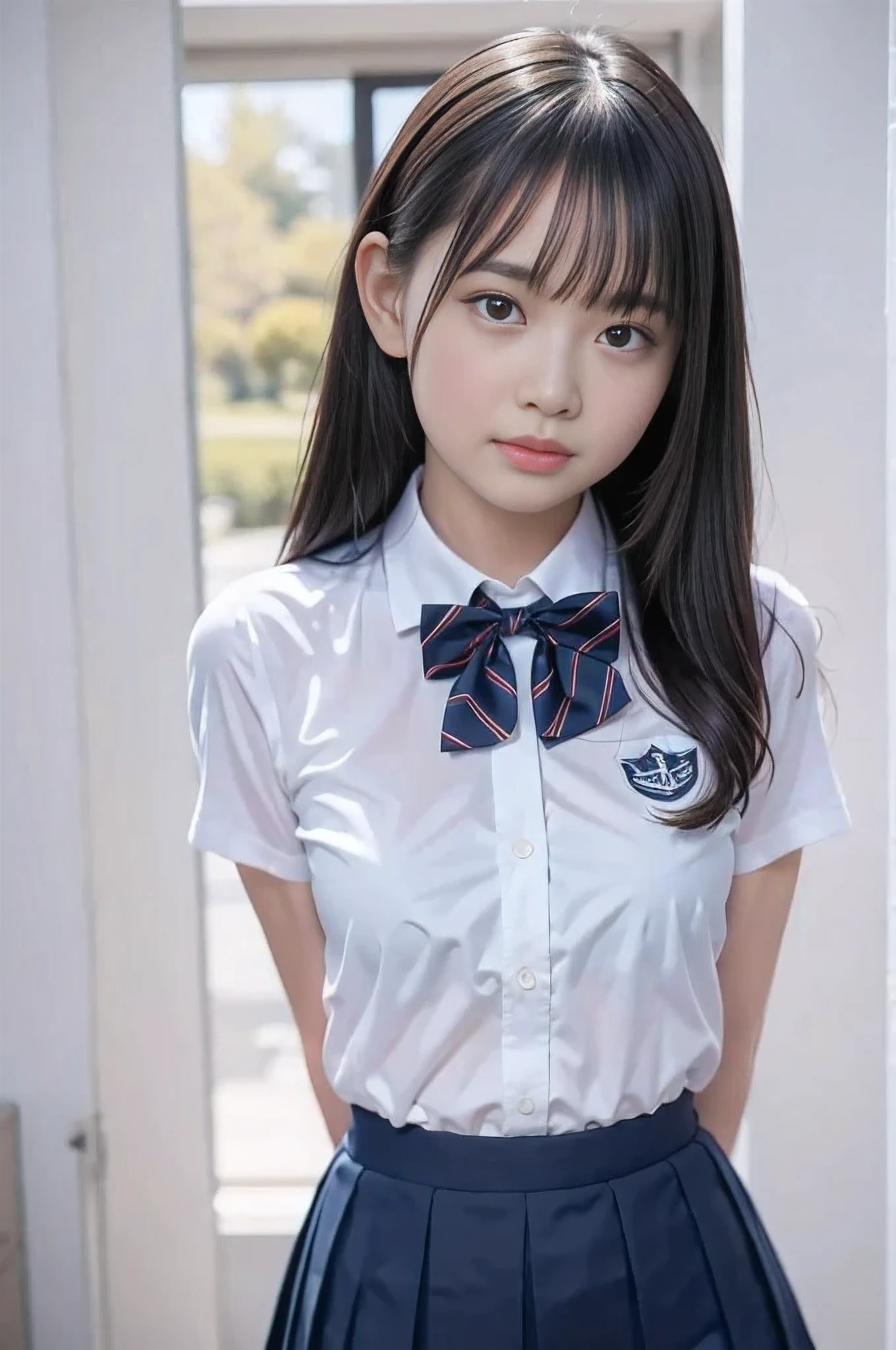 nsfw, (4K quality, high resolution, best quality, high quality model, masterpiece), (symmetrical, centered drawing), (promotional photo, white simple background, head to thigh, symmetrical, subjective, front view), ((one girl, arms behind back)), (dark hair, , cute, small face, Asian beautiful girl), (schoolgir tie, white dress shirt, navy blue pleated miniskirt)