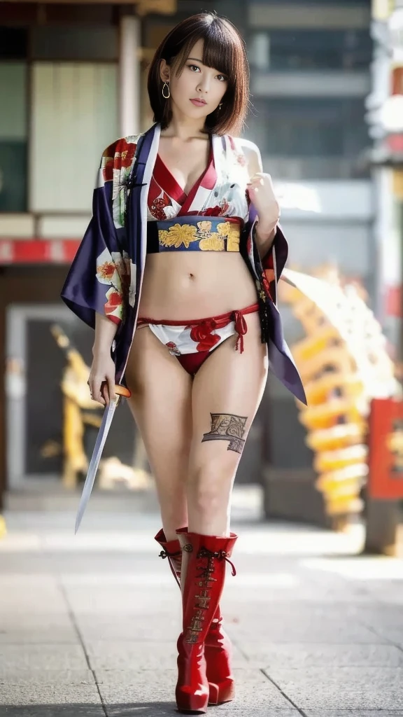 A Japanese woman walking in the city,Buildings,A plant,ssmile,Mixed Korean,The background is blurred out,focal,电影灯光,(((tmasterpiece))), ((best qualtiy)), ((Complex and detailed)), ((ultra-realistic realism)), Ridiculous resolution, A MILF, Mature woman, ssee-through, highly detailed, illustratio, 1girll, (huge tit), Thin waist and thick hips,long leges,beatiful detailed eyes, short detailed hair, brunette color hair, a purple eye, (White linen clothing:1.2),Game SNK King of Fighters White Mai dressed up,White linen clothing,SNK Mai Shiranai,White inner Mai style,Mai Shiranai Japan,Game SNK,(No underwear),pantiess, detailed back ground, perfect eyes, Seductive eye, looking at viewert, From the front,Wear light,