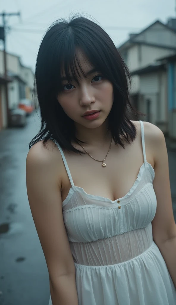 (((In 8K. HDR.Hyperrealism、Masterpiece 1.4、wlop1.4、Cinematic、Detailed content、Very detailed、Ultra-realistic in every detail、Live Photo 1.4, Best quality 1.4、 Very detailed 1.4、Very detailed、Perfect Shading、Low angle full body shot 1.2、1 photo、Commercial Photography 1.4、50mm 、Film Grain)))、(((White camisole、White ruffle skirt、Sandals)))、(((Short Bob、Bob Hair、Black Hair、bangs)))、(((cloudy sky、Rain Clouds、cloudy、Dim coast)))、((((Sweaty body、Plump body)))、(Japanese women, 20-year-old)、(((Five-finger body image 1.3)))、(Small breasts 1.2)、(Standing 1.2)、(Perfect Anatomy、 Skin with visible pores、 Sweaty skin, Realistic and dense skin、Realistic face with freckles、Very beautiful and beautiful face、Beautiful and well-proportioned face、Very cute face)