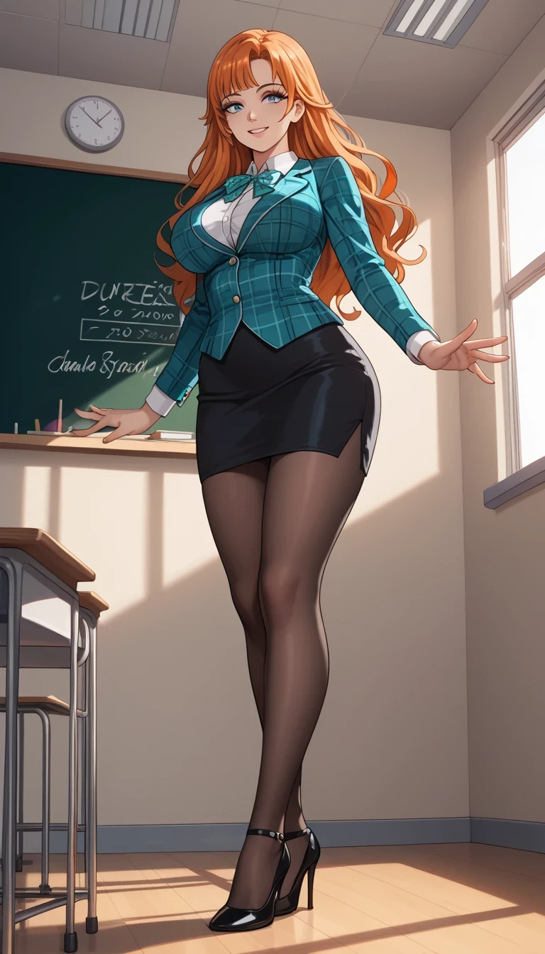 1 woman, curvy, peach hair, long hair, purple eyes, glasses, black blazer, cleavage, short black pencil skirt, black stockings, black high heels, classroom, sitting on table, crossing legs, looking at viewer, stern face, 8k, best quality, detailed eyes, (SuperQuality:1.0) ~ (SuperQuality:1.2)