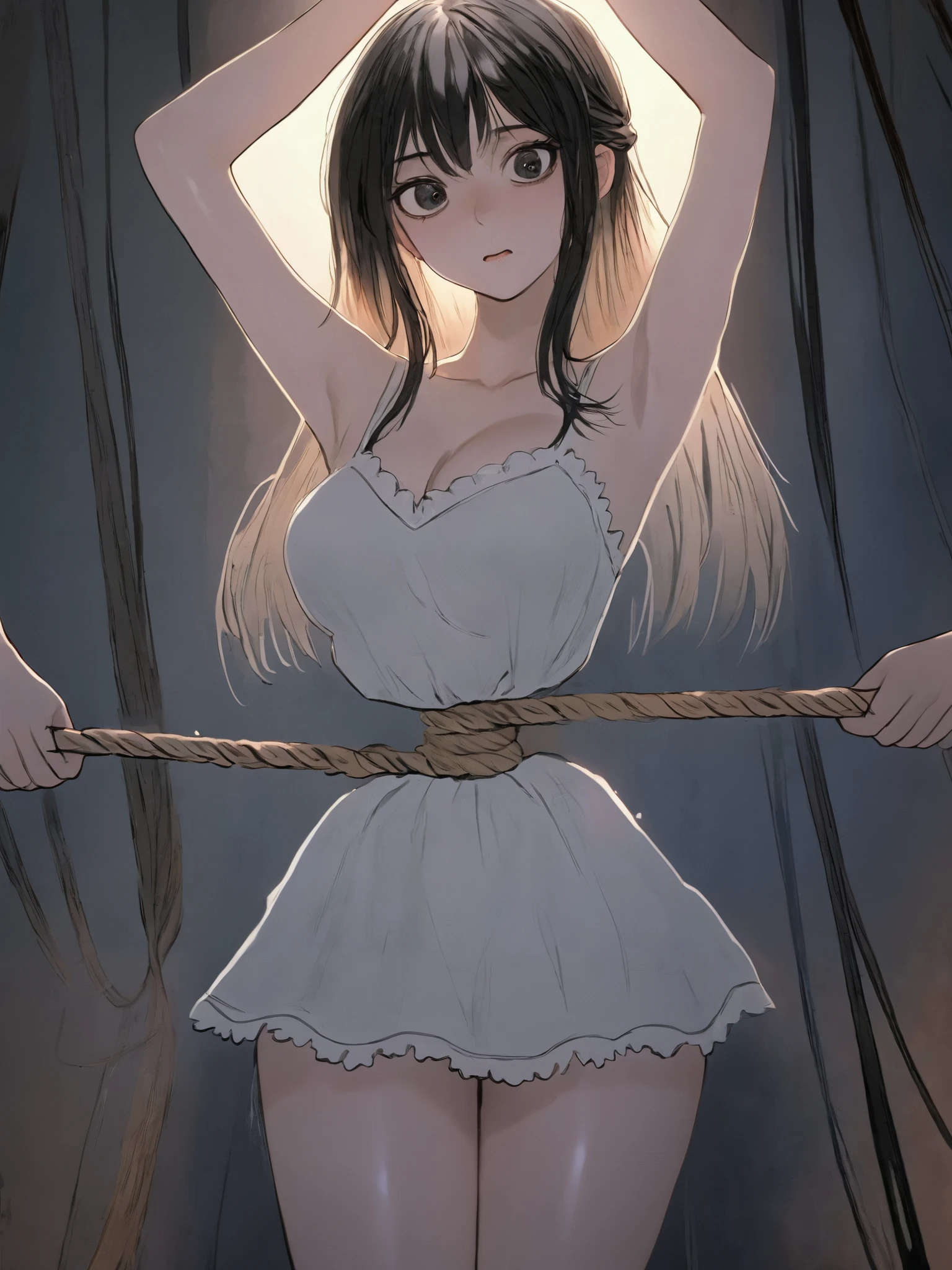 girl, ((((crop top bridal dress showing navel)))), marry , holding a bouquet ,((arms behind back, restrained, shibari, rope bondage:1.5))