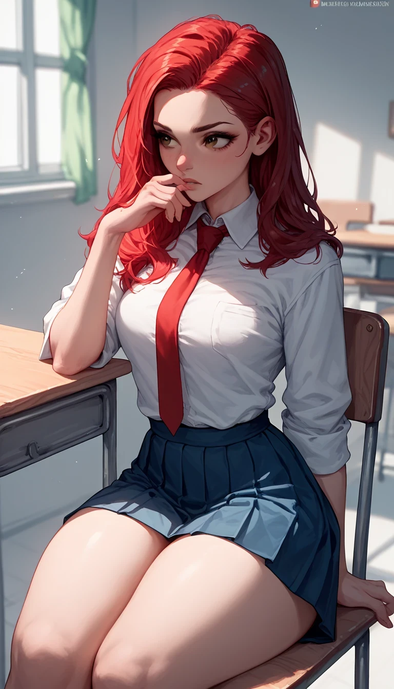 A beautiful red hair woman, tie hair, brown eyes, thick thighs, wearing a school girl uniform and skirt, sitting in her chair inside the school class, looking at me with curious expression