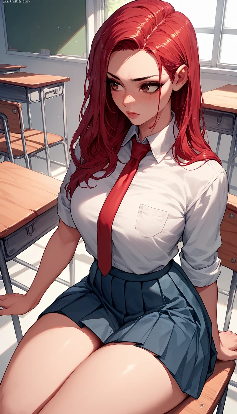 A beautiful red hair woman, tie hair, brown eyes, thick thighs, wearing a school girl uniform and skirt, sitting in her chair inside the school class, looking at me with curious expression