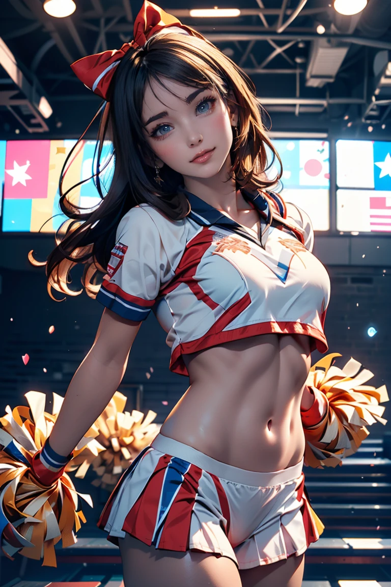 Cheerleader,A small smile,cheer leading,Cheerleader uniform, (((masterpiece))), (((Highest quality))), ((Very detailed)), (figure), ((Very delicate and beautiful)),(Bokeh,Blurred Background),(Best Shadow), One person,White panties, Black Hair, Long Hair, cute,cute,change, Shining highlight spots around the eyes, Character Focus,Tilt your head,
