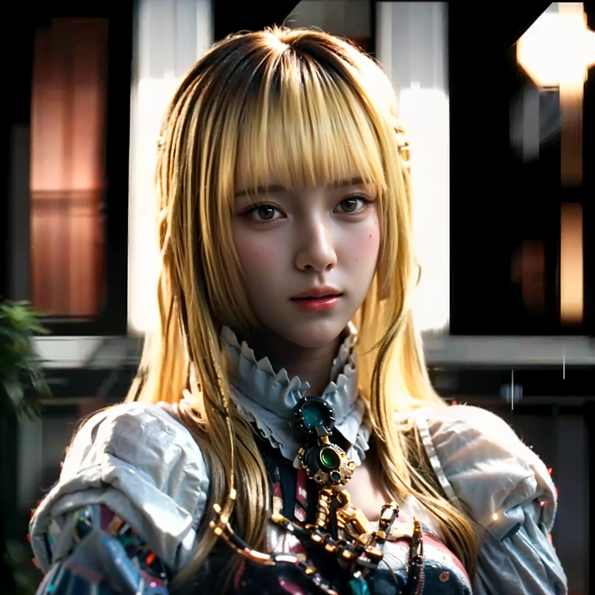 (Completely live action:1.37), (Amazingly realistic textures:1.37), (masterpiece, best quality:1.2), (8k uhd, 16k, 32k, ultra high res), amazingly realistic skin, amazingly realistic photo, superrealism, (photorealistic:1.37), (RAW photo), ultimately realistic, (ultimately realistic all details), (ultimately realistic all textures), super realistic lighting, super realistic shadow, (japanese girl:1.5), ((young face)), smiling, happy, super realistic face, ultimately realistic skin, ultimately realistic eyes, (mascara:1.35)ultimately realistic background, ultimately realistic detail up, kkw-ph1, ((drooping eyes, cyberpunk-style cyborg girl, amazingly intricate details, Anatomically perfect hands, mechanical body, silver knight armor, ultra glossy texture, purple hair))