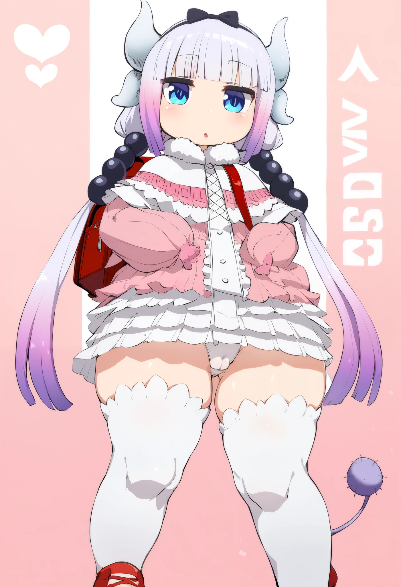 1girl, kanna kamui, backpack, bag, beads, black hairband, blue eyes, blunt bangs, bow, bow hairband, capelet, character name, dragon girl, dragon horns, dragon tail, dress, full body, flat chested, tiny breasts, big ass, thick thighs, able to see ass from the front, fur-trimmed dress, fur trim, gradient hair, hair beads, hair bow, hair ornament, hairband, heart, horns, long hair, long sleeves, looking at viewer, from below, low twintails, multicolored hair, parted lips, pink dress, pink hair, puffy long sleeves, puffy sleeves, white panties with a cute bear on it, cameltoe, big bubbleass, purple hair, randoseru, red bag, red footwear, shoes, short dress, solo, tail, thighhighs, twintails, white thighhighs, 