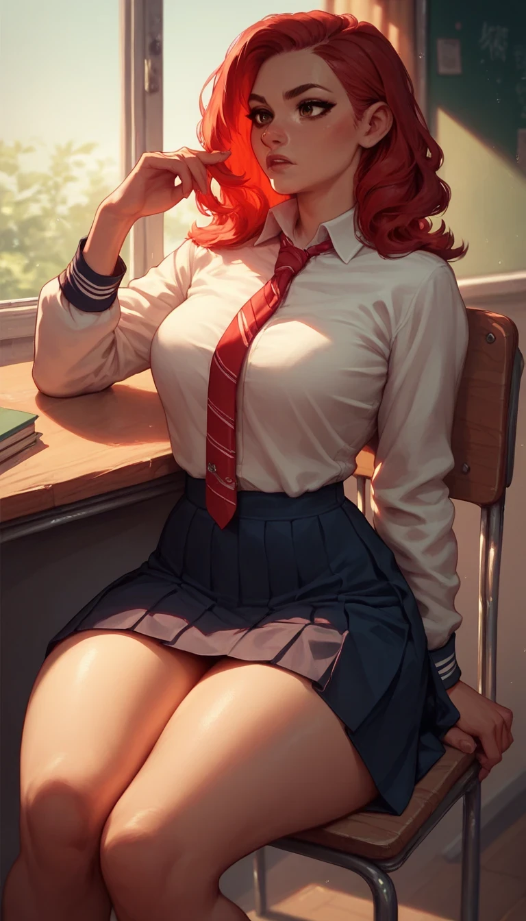 A beautiful red hair woman, tie hair, brown eyes, thick thighs, wearing a school girl uniform and skirt, sitting in her chair inside the school class, looking at me with curious expression
