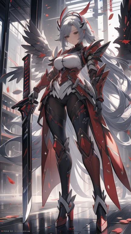 Young Wolf girl. White hair ponytail. Red eye. Scar on left eye. Traditionnal armor. Fantasy. 4k.  Full body. Fantasy médiévale City background. Sword.
