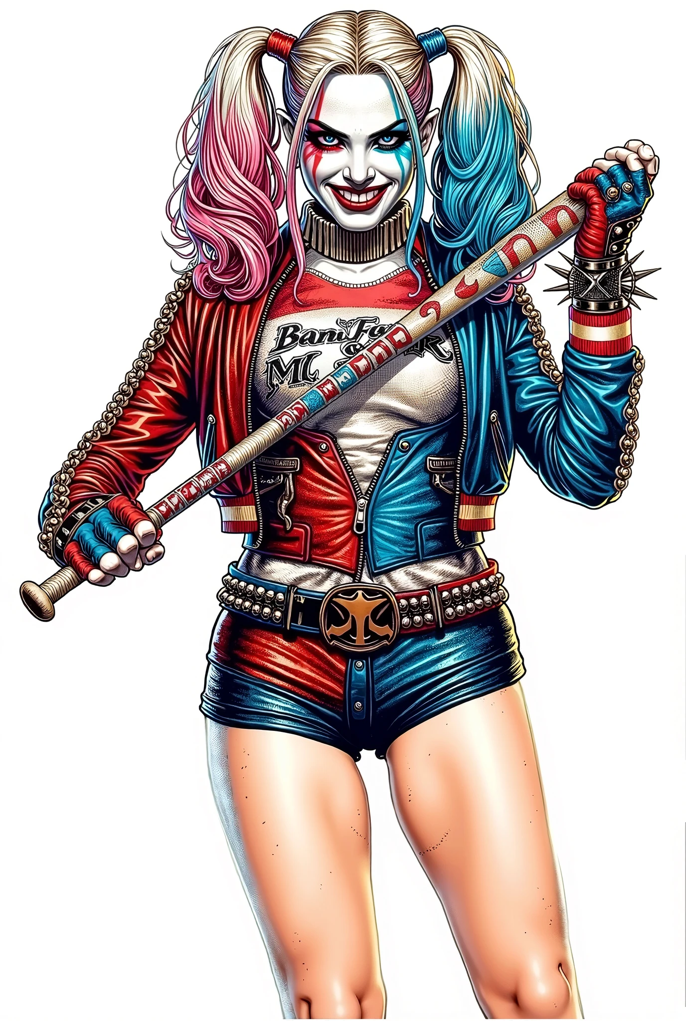 dc_comics suicide_squad harley_quinn 1girl baseball_bat belt blonde_hair bracelet choker closed_mouth clothes_writing collarbone crop_top english_text eyeshadow fingerless_gloves fishnet_pantyhose fishnets gloves graffiti gun hand_on_leg heart holster jacket jewelry lips makeup micro_shorts midriff multicolored_clothes multicolored_jacket multicolored_shorts navel pantyhose pantyhose_under_shorts pink_hair realistic shirt shorts single_glove smile solo spade_(shape) spiked_bracelet spikes studded_belt tattoo torn_clothes torn_shirt twintails wall weapon
<lora:Western Cartoon Type B:1>