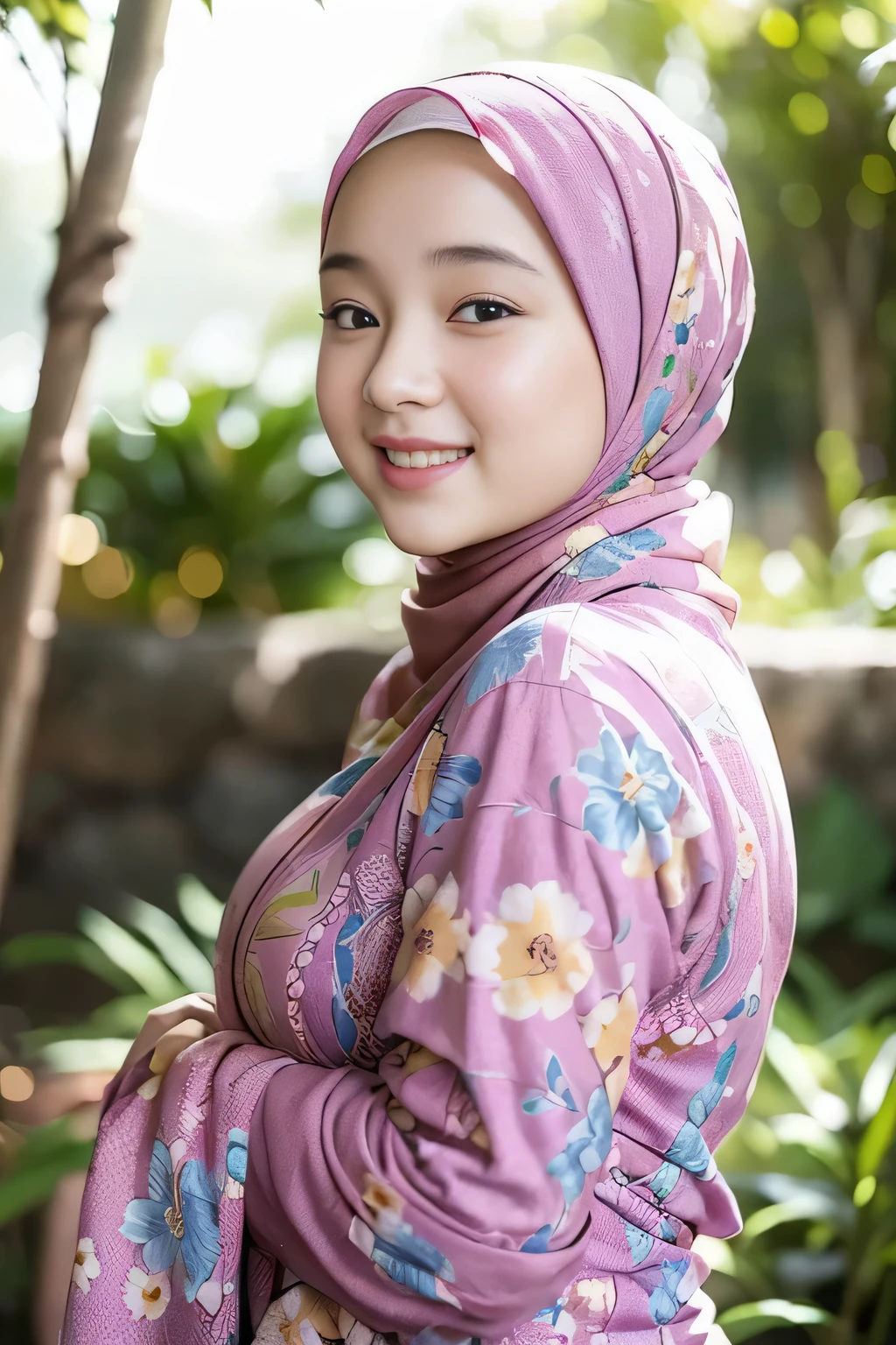 Beautiful, cute , 21 Years old indonesian girl, ((wearing batik hijab)), Rounded medium Breast, slightly chubby, White Skin, Smiling, flower garden Background, day light,mid shot, full body, Perfect Potrait, Bokeh Effect, Look at Viewer, small breast, ((adorable:1.2)), ((masterpiece:1.1)), ((bokeh:1.2))