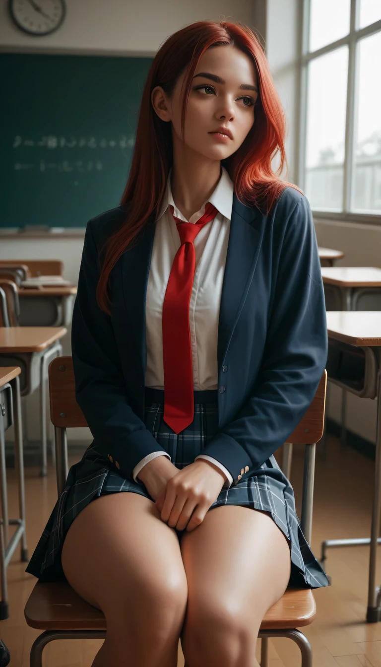 A beautiful red hair woman, tie hair, brown eyes, thick thighs, wearing a school girl uniform and skirt, sitting in her chair inside the school class, looking at me with curious expression