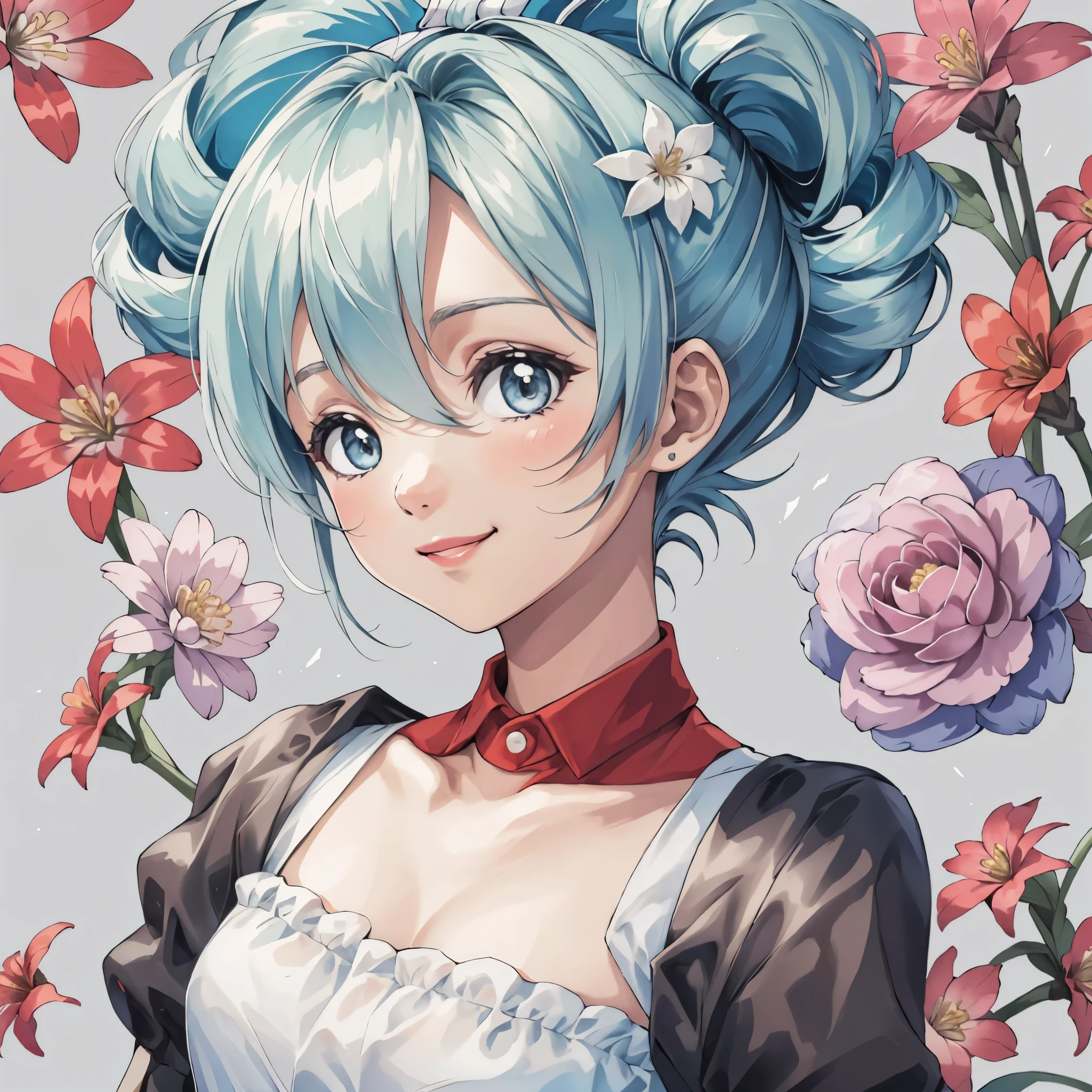 Cinnamic, short hair, upper body, smile, , pose , floral background
