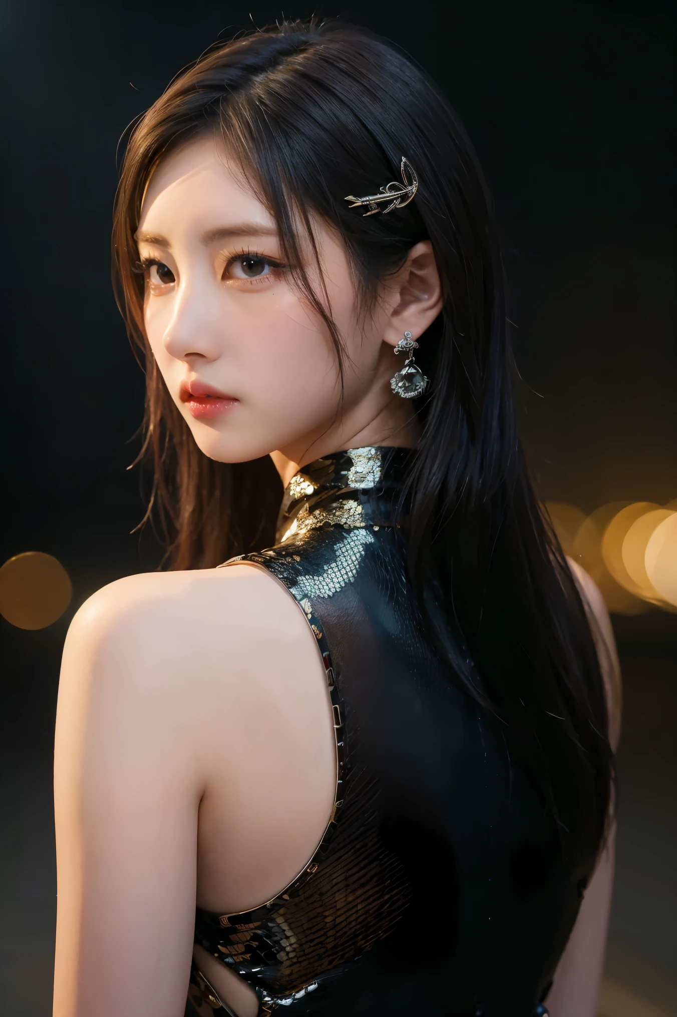 Photo of A beautiful girl, Dark hair. Piercing eyes. White skin. Snake. Enigmatic gaze. Elegant posture. Shimmering scales. Deep silence. Mysterious aura., (masterpiece, best quality:1.2), background, bokeh, Depth of field, 4k, whimsical