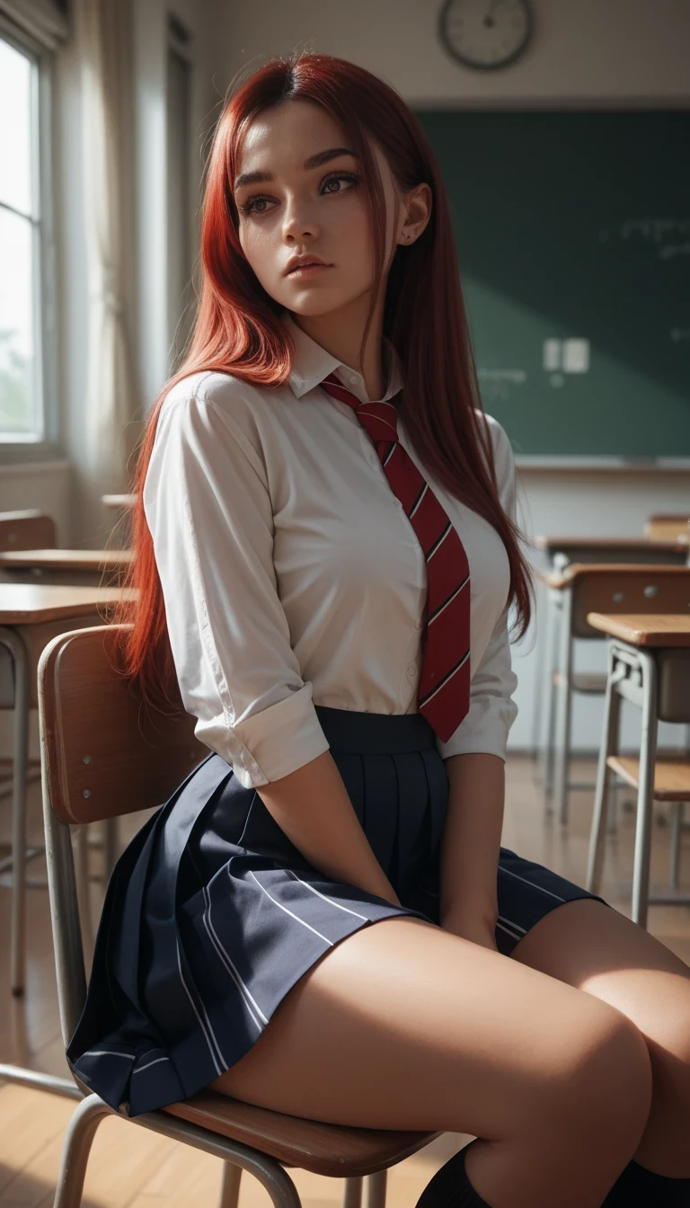 A beautiful red hair woman, tie hair, brown eyes, thick thighs, wearing a school girl uniform and skirt, sitting in her chair inside the school class, looking at me with curious expression