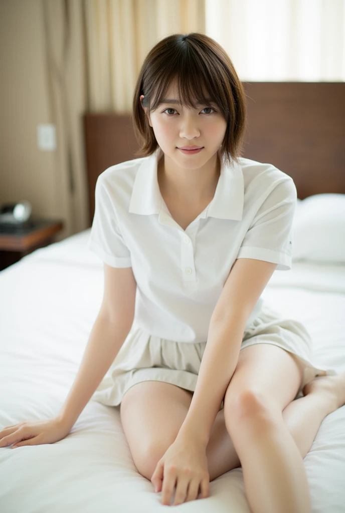(Masterpiece, Best quality: 1.4), (Ultra realistic, Photo-realistic: 1.2), From above, From side, Full body, kneeling, Looking at viewer, Natural light, 30 years old actress, Japanese women, Neat and clean, ((Wearing white tennis uniform, White polo shirt with collar, Not buttoning the polo shirt, White pleated tennis skirt: 1.2)), (Short wavy hair), ponytail, Light brown hair color, (Beautiful Face), Oval face, clear, (Beautiful eyes, Kind eyes), (Clear skin), Small face, (Small mouth, Beautiful mouth), Natural makeup, Approachable, Hotel Suite rooms, On bed, Seductive smile, Seductive pose, Wearing white tennis shoes, White ankle socks, Beautiful thighs, Bedroom eyes,