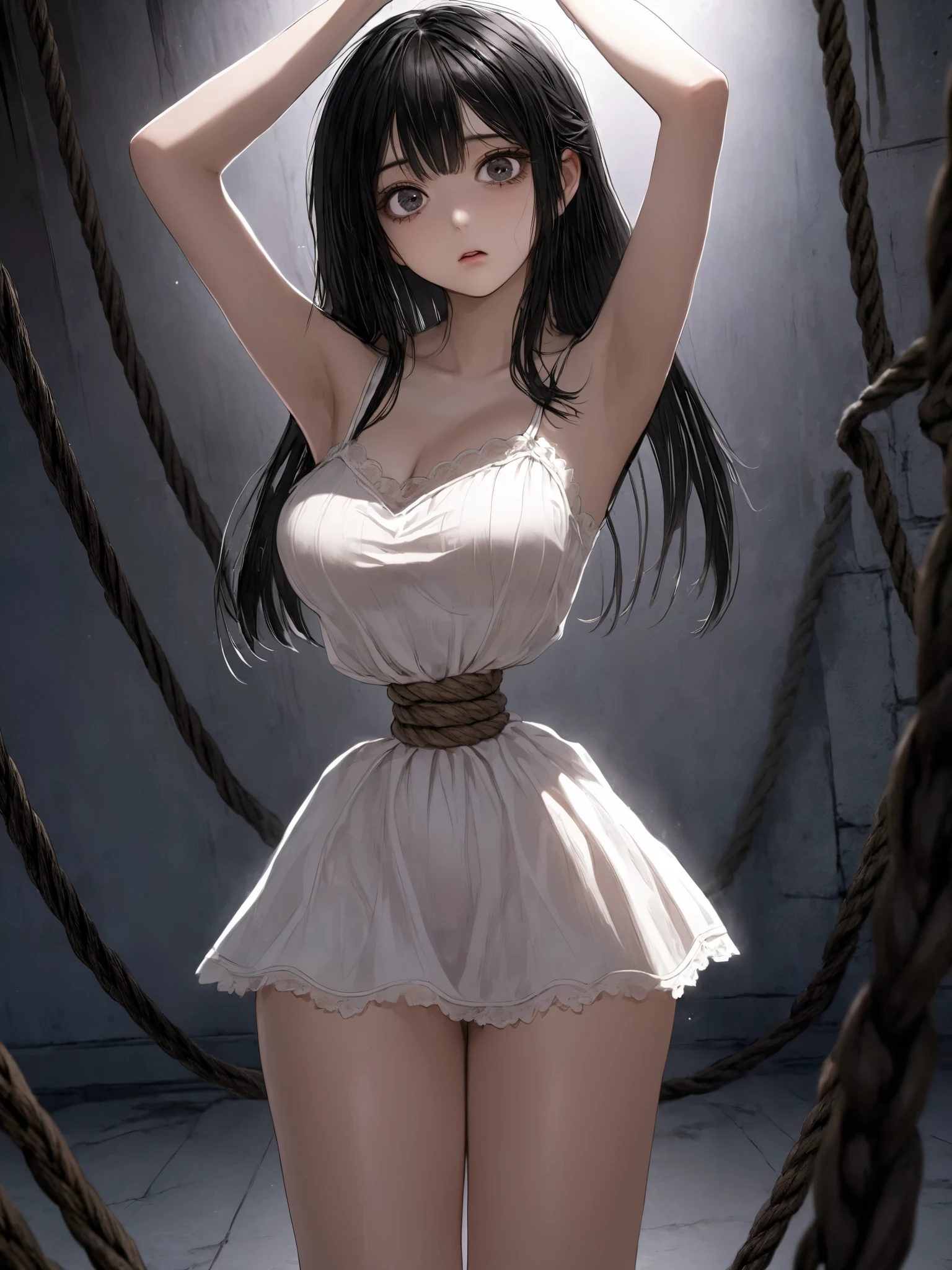 ((anime style ))),(( masterpiece )), (( top quality)), (super detailed ),torture chamber,((( hemp rope tightly tightning around her waist))), cute girl, 1 girl,white shiny lace slip dress ,beautiful black hair,( beautiful black eyes),long hair,expression of pain  