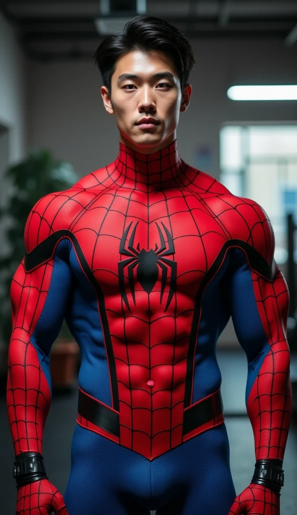 In the captivating picture is a handsome Chinese man 3 with his radiant, white skin like a prince, the background in a large and bold warehouse, his charm radiates as he proudly shows off his sixpack and muscular arms in a full standing pose. He is wearing sexy spider-print underwear, which emphasizes his body shape, He stands in the middle of a giant spider web of his own making, surrounded by a large spider web behind him, Bathed in the golden light of a beautiful day. With unmatched attention to detail., This photorealistic portrait combines Superhero style., Capture every detail of his textured skin in 8k resolution. Leica digital SLR camera. His features are clearly visible., From his deep-set eagle-like eyes to his chiseled jawline., Make this image a true masterpiece.. Lift. (8K UHD、RAW Photography、Leica Digital SLR Photorealistic Portrait、Realistic image), big bulge