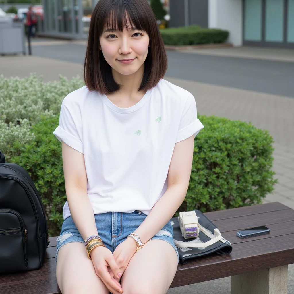 Here's a description of the image: High-angle, close-up view of a young woman named riho with shoulder-length, dark hair and bangs. Here's a breakdown of the details: * **The Woman:** She is the central focus, occupying most of the frame. Her skin is very fair, with hands on both sides of her body. She's wearing a white t-shirt with a small, light green leaf-like design on the front. The shirt is loose-fitting. Her lower body was wearing a pair of denim hot pants, with a slightly worn hem and a hollowed out design. She also wears several bracelets on her wrists. Her expression is pleasant and somewhat playful. * **The Setting:** She is seated on a dark brown wooden bench outdoors. Behind her are some green bushes and what appears to be a modern building or complex with a paved walkway. The background is slightly blurred, drawing attention to the woman in the foreground. Part of a black backpack and a white handbag are visible next to her on the bench. A phone and what looks like a phone case are also near her on the bench. * **The Overall Impression:** The image conveys a feeling of youthfulness, casualness, and a sense of playful energy. The lighting suggests it's likely daytime, with natural light illuminating the scene. The overall color palette is muted, with the white shirt and green bushes contrasting against the brown bench and gray pavement.