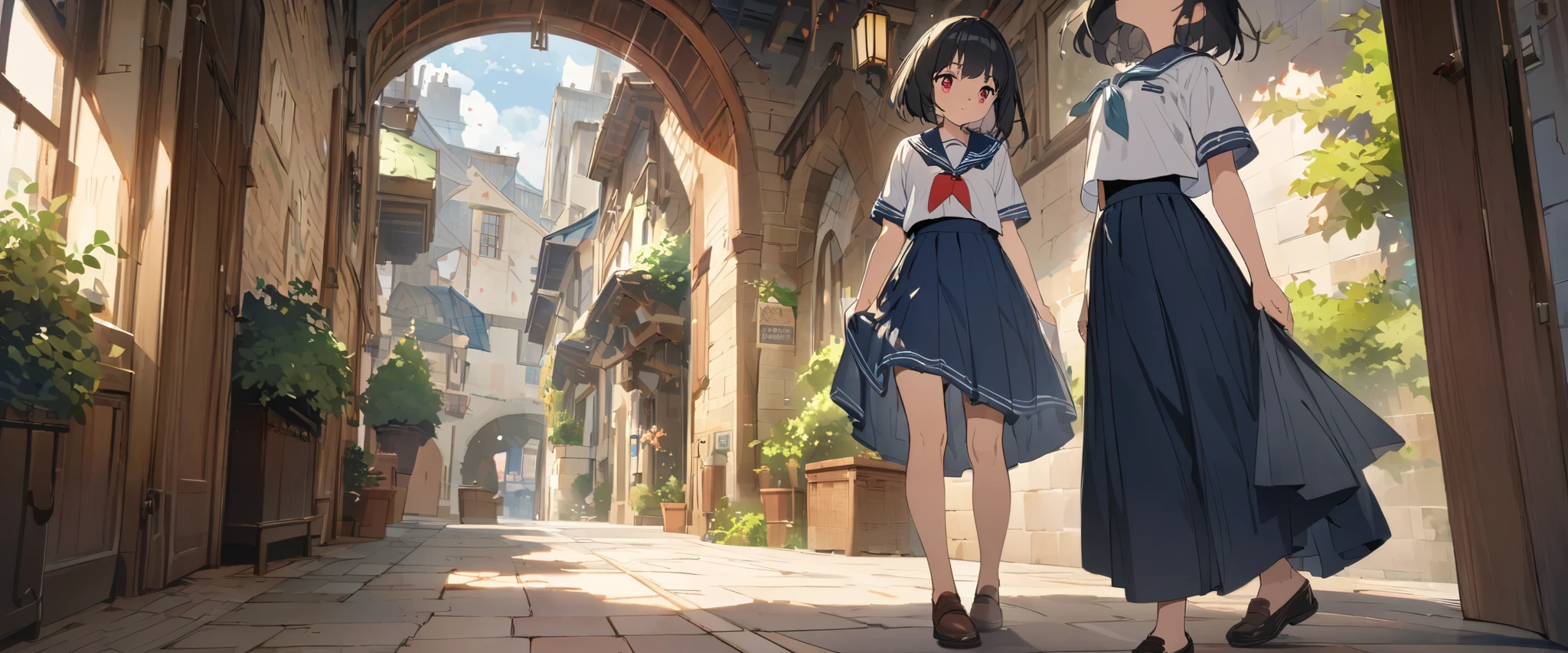 
 girl、 bob cut、  black hair、stupid hair、 Red Eye、 tree eyes 、Three white eyes、Sailor suit with long skirt、 glare、Old fashioned hallway background、 Masterpiece、 top quality、  detailed explanation 、 cute anime 、 illustration 、 high resolution,   attention to detail , 超 high resolution,  very detailed,  dreamy watercolor painting  ,  low angle、  flat chest、  full body view、 pleasant face、、underwear、 disheveled clothes、perfect body、 low angle、股間の隙間からunderwearが見える

