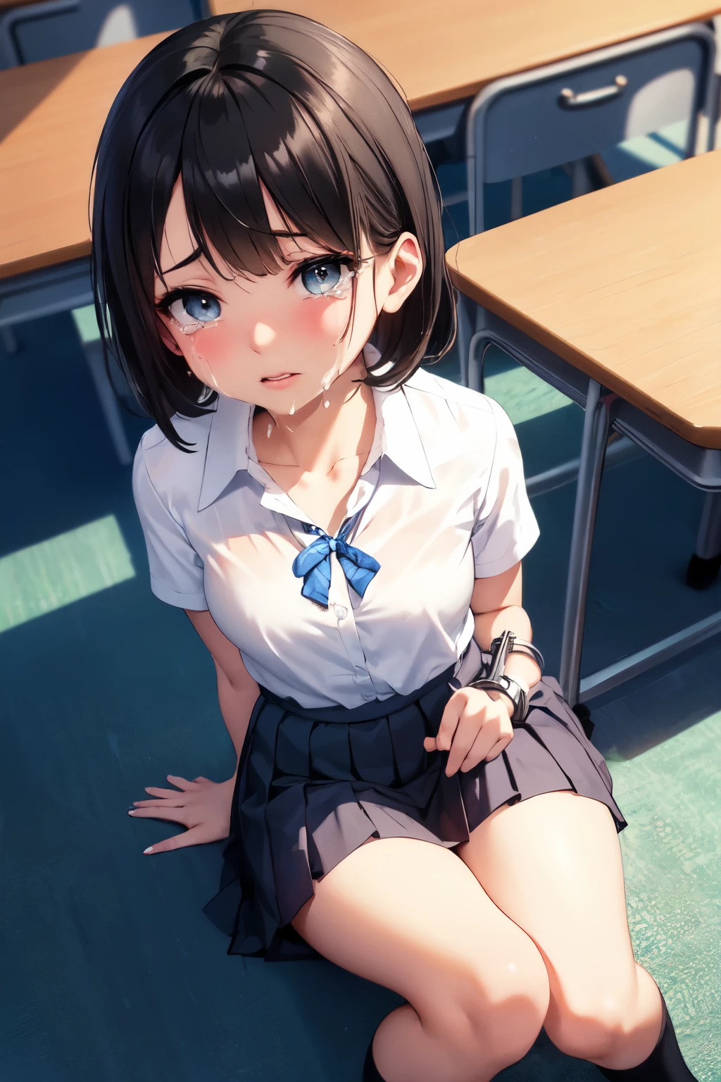 Masterpiece to the smallest detail、top-quality、realisitic、1girl in、solo、18year old、Looks like a 5-year-old、140cm beautiful girl、、5 year old baby face、Silky hair、Gradient Bob Forward、black hair, short hair,Big eyes、Outstanding looks、A lovely 、proximity、Closed_Mouth、A smile、red blush、full of shyness、blue headwear、Hats、pink bowtie、Uniforms、 Blue Blazer、blazers、Pretz skirt、grey skirt、Silk blouse、White blouses、an legs、Black socks、sitting on、Classroom、hair_ornament detached、up looking_in_viewer、beatiful detailed eyes、Realistic eyes、panties on、flat chest,Professional effects、Enhanced elegance、Innocent、wretched、maidennurse, bare breasts,Dynamic Angle,sweat,troubled look,Blushing、highest quality, (perfect hands, perfect anatomy),sexual pleasure expression,Climax,(pussy juice:1.2),open mouth,pale skin,varginal, ((((POV、she straddles the man、having sex)))),Beautiful pink nipples