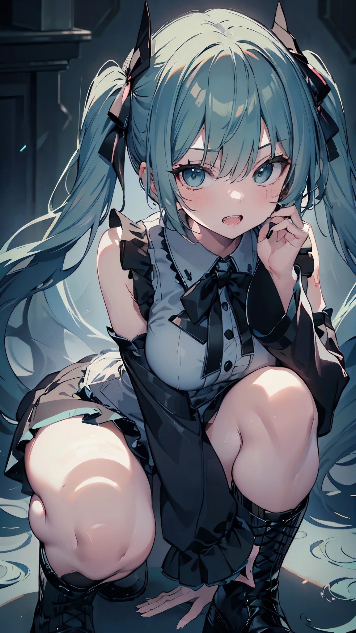 1girl, best quality, perfect hands, black rabbit ears, long rabbit ears, rabbit girl, black hair, cyan streaked hair, cyan colored inner hair, very long hair, twintails, black hair bow, cyan eyes, black semi-transparent nightgown, lace, black lace-trimmed thighhighs, black garter straps, black lace-trimmed panties, blush, shame, bare arms, shoulder cutout, bare shoulders, collarbone, off shoulder