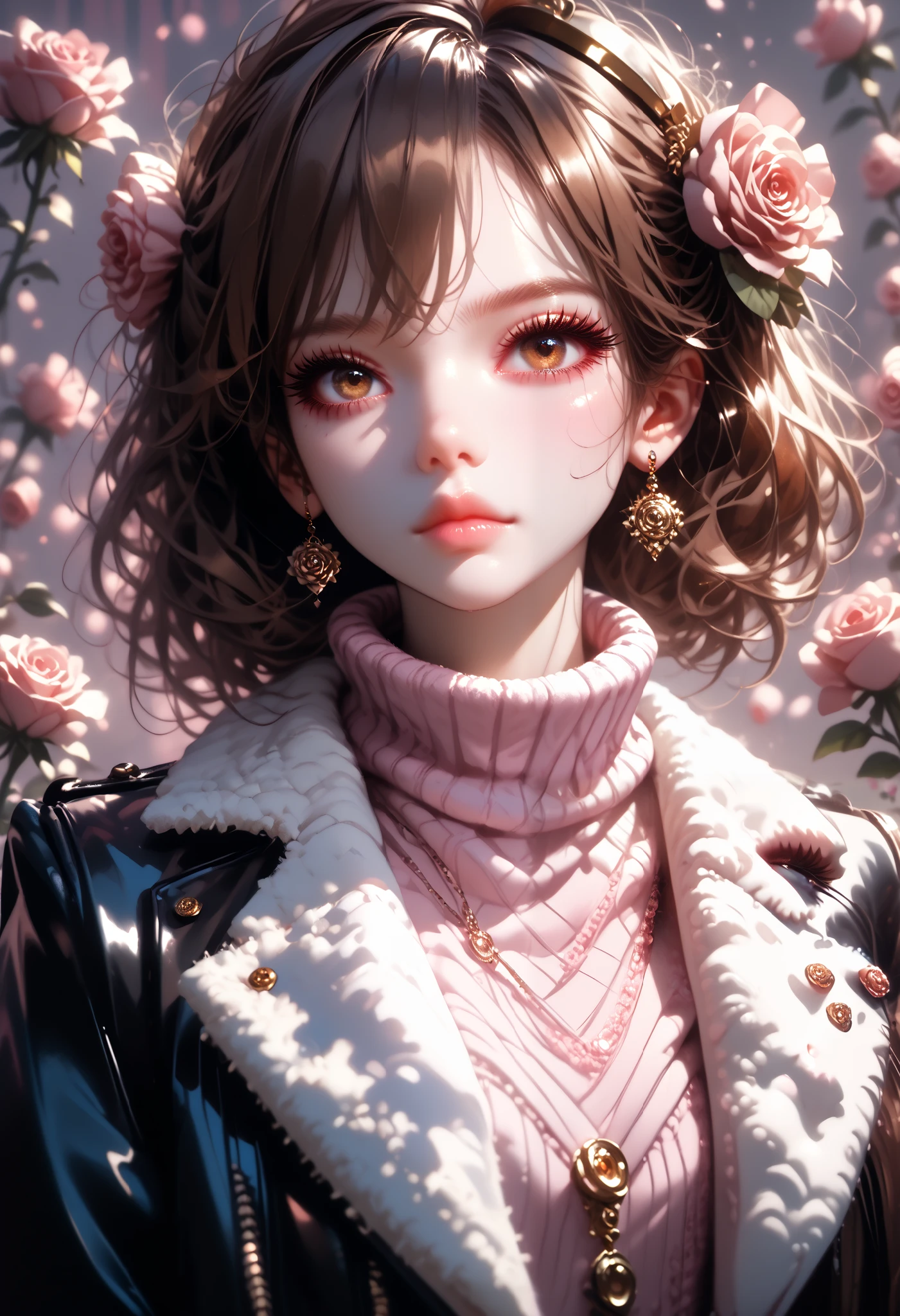 Girl, brown hair, brown eyes, sharp, calm features, white skin, shiny light pink lips, light makeup, perfect, sweater, leather coat, rose background .