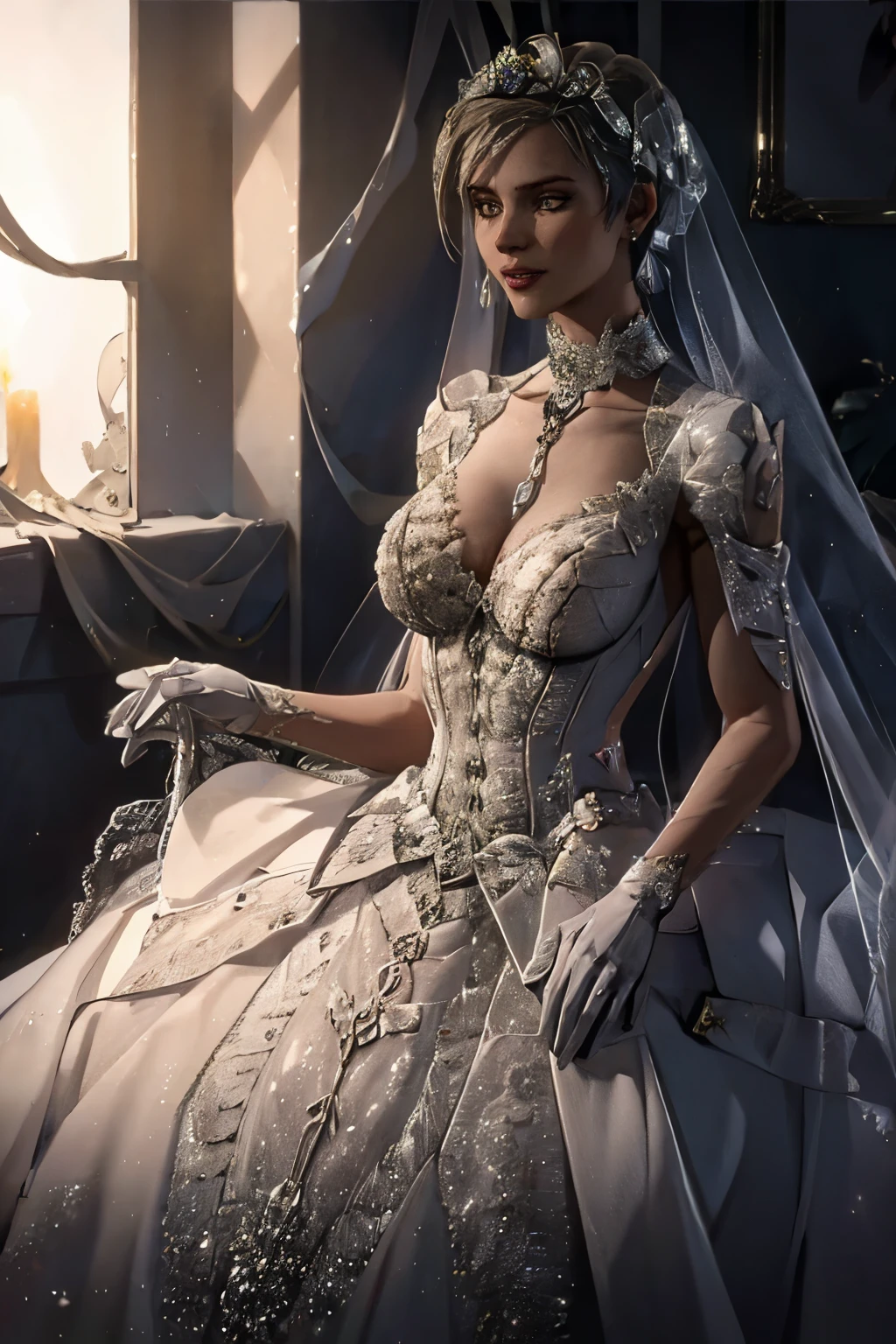 1girl, solo,Cassie Cage MK, crown,earrings ,lipstick, eye shadow, makeup, hair between eyes, ahoge, hair ornament, gloves, dress, cleavage, bare shoulders, collarbone, white oprea gloves, white gloves, white dress, strapless, white choker, tiara, veil, strapless dress, wedding dress, bridal veil, beautiful woman, perfect body, perfect breasts, wearing a wedding dress, ball gown, in the park trees, wedding decorations, looking at the viewer,  smile, realism, masterpiece, textured skin, super detail, high detail, high quality, best quality, 1080p,