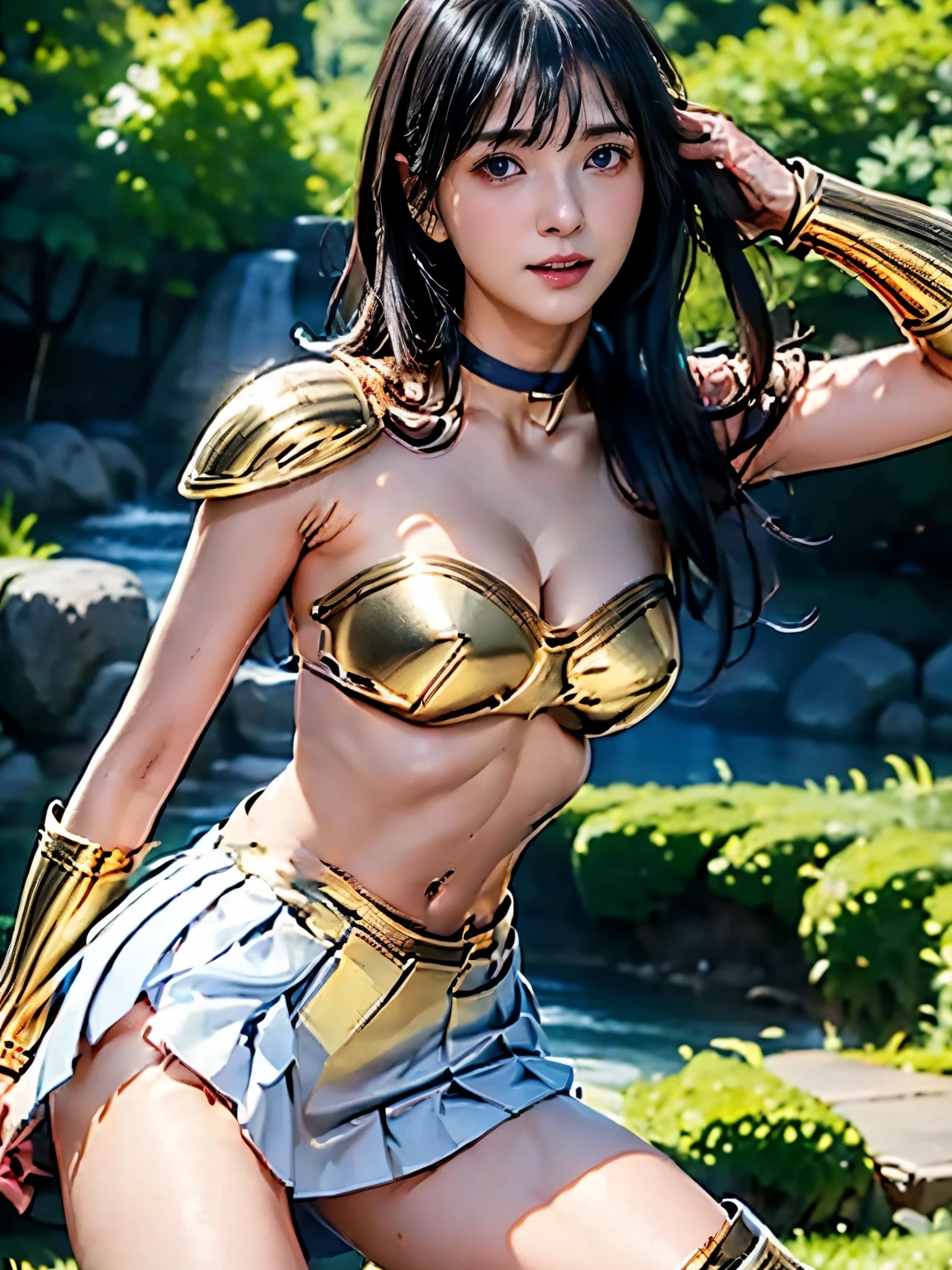 (masterpiece), best quality, expressive eyes, perfect face,Alone, 1girl ,photorealistic, photo,realistic, Realism, photoRealism, high contrast, photorealistic digital art trending on Artstation 8k HD high definition detailed realistic, detailed, skin texture, hyper detailed, realistic skin texture, armature, best quality, ultra high res,high resolution, detailed, raw photo,,((Alone)),(( 1girl )),(yuko a), hairs between eyes, break ((flat chest)), ((slender body)), (((Thin thighs))), narrow waist, (((perky breasts))),((KitoAkari open thighs manspread urination)), armor knight, (((bikini-type gold metal breastplate, lift))),(navel),abs,(( 1girl )),,( wide thigh opening with one leg),KitoAkari / Akari Kito _jp_and、((skinny female)),((slender body)),((beautiful dark blue hair)), (((Long hair))), ((straight hair)), (silky hair), ((asymmetrical bangs)), ((hair between eyes)), 46 points oblique bangs, ((beautiful dark navy eyes)), natural makeup, gloss light pink lipstick,(((choker))),((Thigh-length gold metal boots, pin heel)), (((gold metal gauntlet))), ((gold metal shoulder guard)), metallic shine, (((crop top))), (((strapless dress))), ((Cleavage)), break (((knee length skirt))), ((((white pleated skirt)))), (((white wet panties))),shoot from below,wind from below,up skirt,