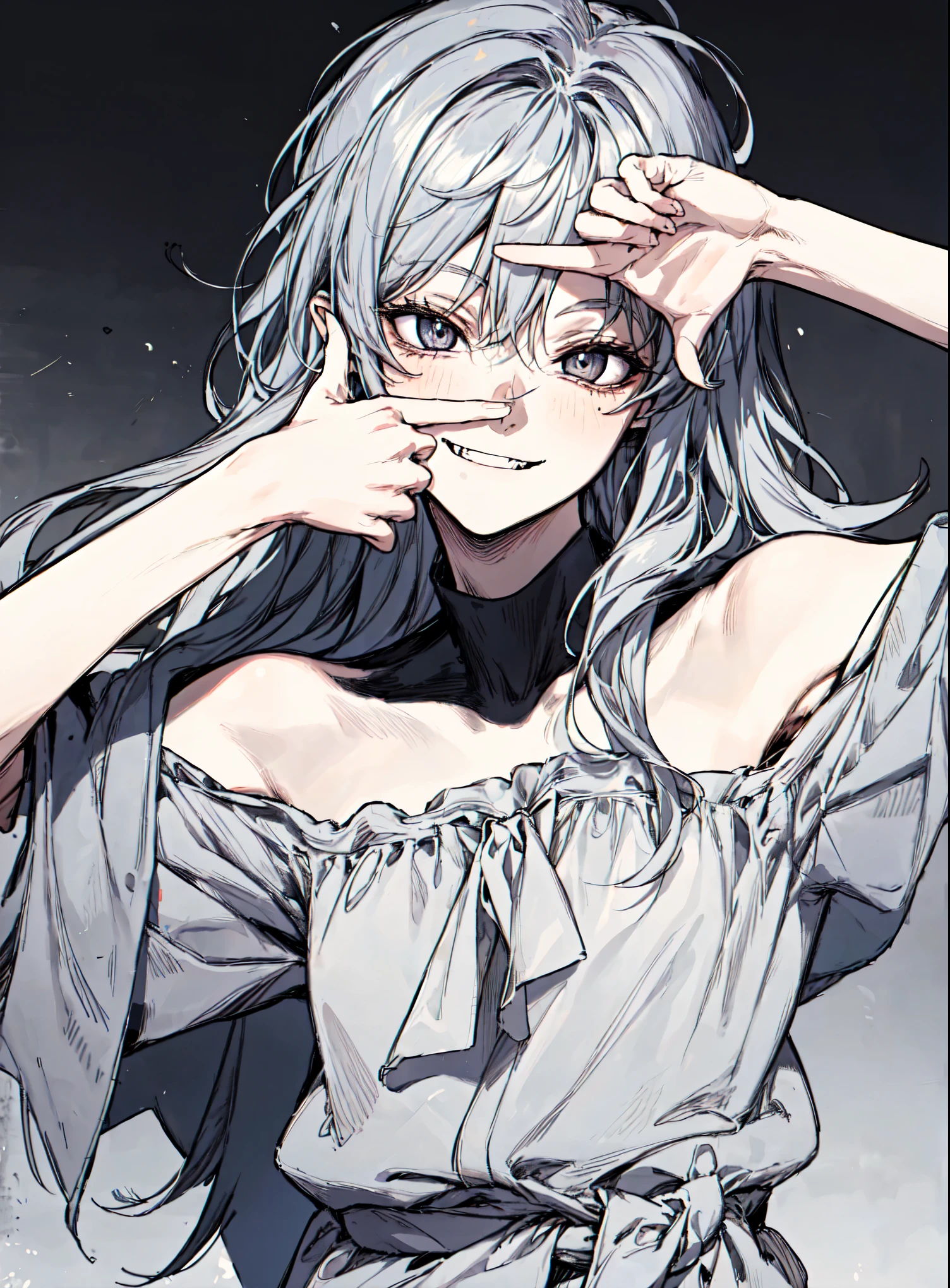 fcPortrait, masterpiece, photorealistic, HDR (High Dynamic Range), Maximum Clarity And Sharpness, Multi-Layered Textures, best quality, (dynamic pose, dynamic, detailed anime, video game art, extremely detailed CG unity 8k wallpaper:1.15), (best quality), (best illustration), (best shadow), absurdres, realistic lighting, (Abyss), (long hair, upper body shot:1.19),  (fluffy hair, solo, 1girl:1.33), (monochrome:0.69), sketch, gray hair, black eyes, oversized shirt, bare shoulder, happy, smile, relaxed, smiling, fangs, messy hair, cute, young, ager, young adult, sweetheart, daughter, finger frame