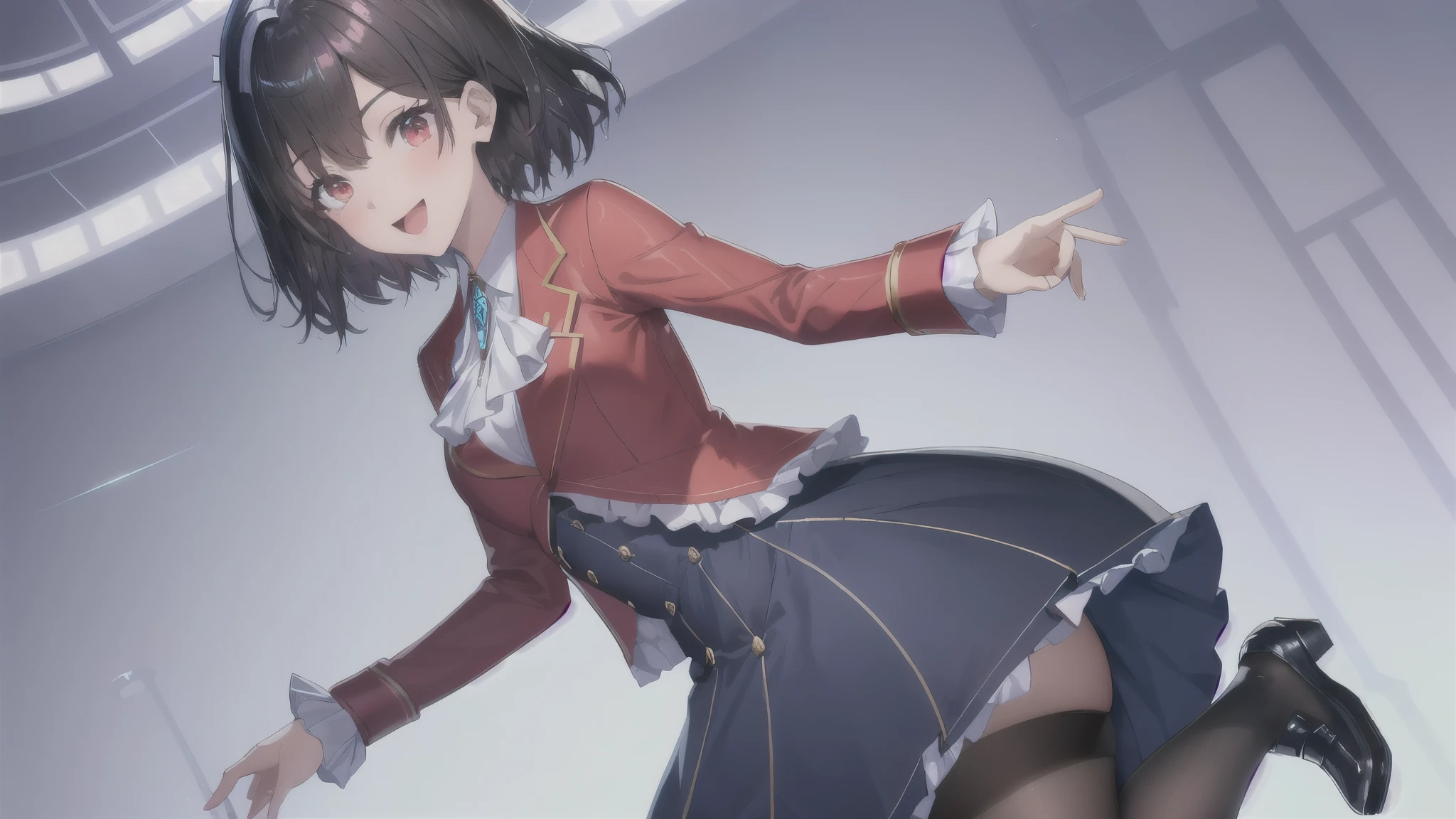 ( extremely detailed CG), ( top quality), perfect face, Shiny Skin , shiny skin ,Wide hips, 1 girl,Alone , Ray Taylor ,blue skirt, ascot ,shoes, collar shirt, band, jewelry, black pantyhose, frill, Long Sleeve , school uniform, red eyes, (red jacket :1), Blog, skirt, jacket , short hair, Hair, :d