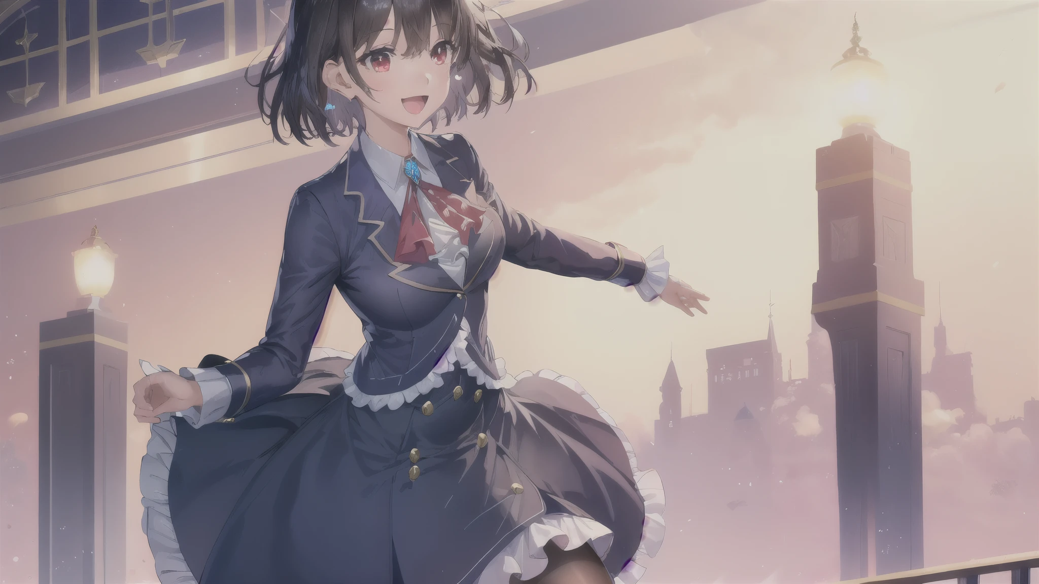 ( extremely detailed CG), ( top quality),  perfect face,   Shiny Skin ,  shiny skin ,Wide hips,    1 girl,Alone ,    Ray Taylor ,blue  skirt, ascot ,shoes, collar shirt, band,   jewelry, black pantyhose, frill,  Long Sleeve  , school uniform,  red eyes, (red  jacket :1), Blog, skirt, jacket ,  short hair,  Hair, :d