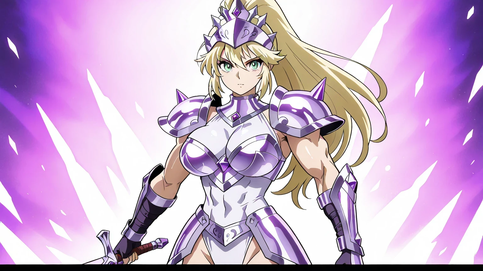 score 9 , score 8 up, score 7 up, source anime, anime coloring, 1woman, Katya , Close up of a woman in a white leotard costume holding a sword, Zodiac Girl Knight , Strong muscles, zodiac girl portrait knight , alone, long hair, Blonde, green eyes, high ponytail hair, Muscular women, feminine and muscular, biceps, triceps, deltoids, In shining amethyst armor , 魅惑的な Princess Night, Dressed in Light Armor , Leotard Armor Girl , under leotard with an white, leotard under armor, high cut, leotard neck with an high neck, tits, Big Breasts, very big breasts, Very tall, shiny amethyst armor , shiny amethyst armor , 魅惑的な Princess Night, Female Warrior, Princess Night, Blondeのアメジストの戦士, armored leotard, Amethyst Princess, shoulder armors, breastplate armor, Amethyst reflective armor, crystal amethyst armor , Smooth Animated CG Art , Galactic Princess , Leotard Armor Girl , High quality anime art style , Northern Crown Armor, Northern Crown Helmet, gauntlets, fingerless gloves, cowboy shot, alone focus, looking at viewer, female focus, standing,