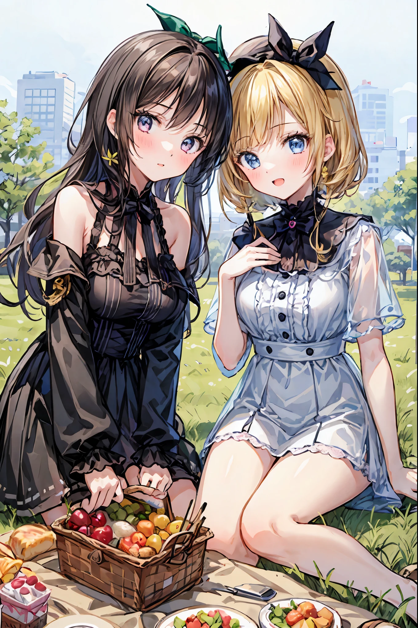 (Biologically correct limb count)、Full body, including face、4K、masterpiece、Focus on the face、Well-proportioned facial features、Delicate descriptive eyes、One beautiful woman、Excellent style、(Blue Gothic Lolita)、(Grin)、look up、Photos with white borders、Looking into the camera、Lying on the lawn in the park、