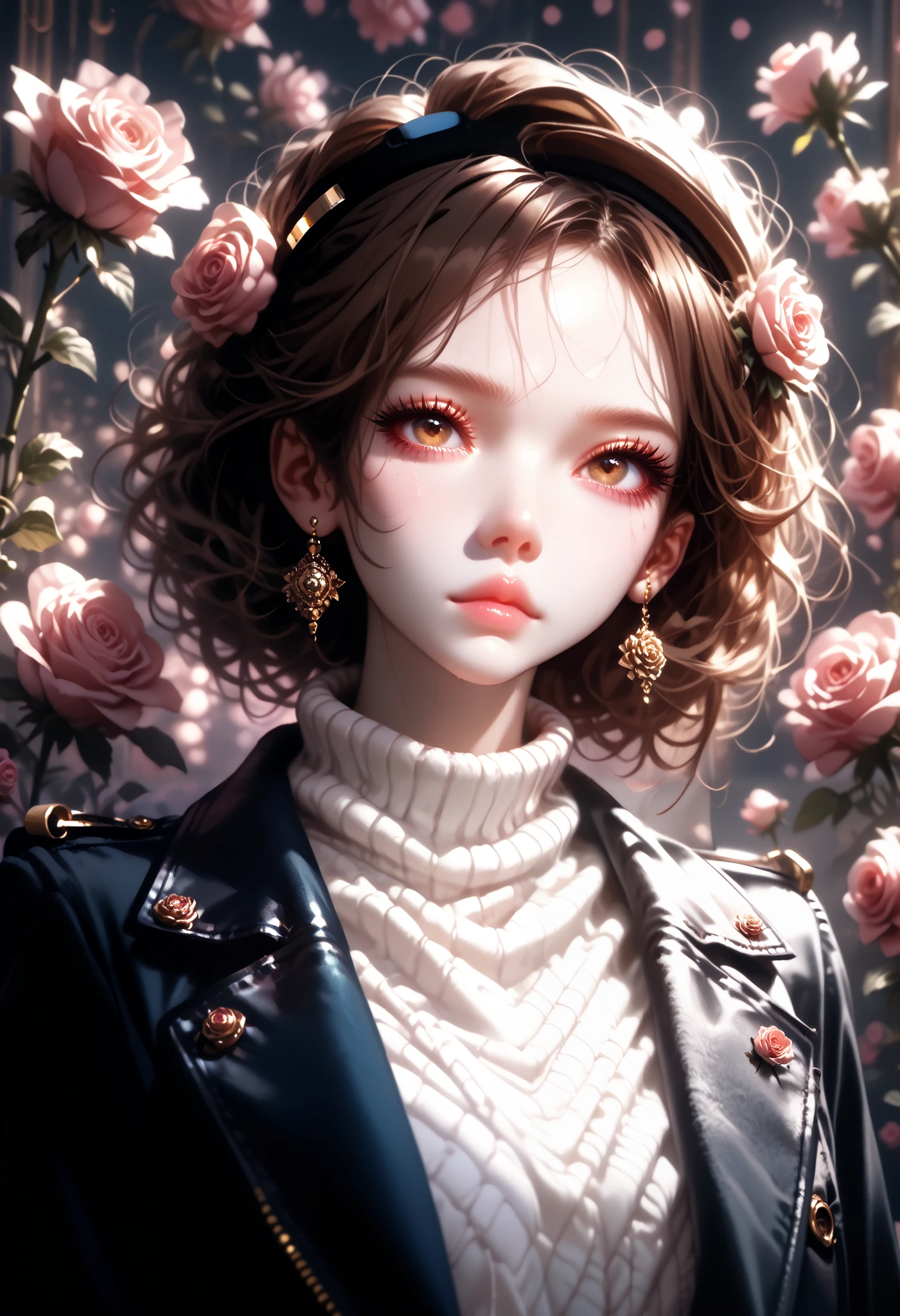Girl, brown hair, brown eyes, sharp, calm features, white skin, shiny light pink lips, light makeup, perfect, sweater, leather coat, rose background .
