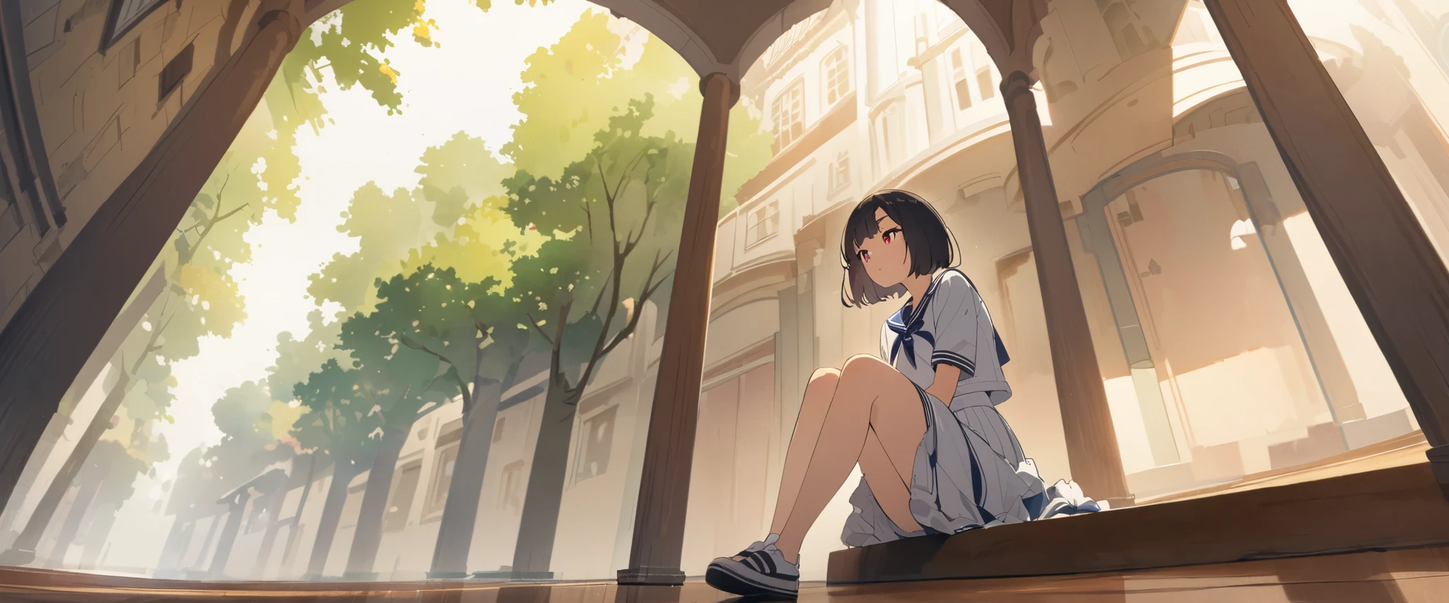 girl、 bob cut、 black hair、stupid hair、 Red Eye、 tree eyes 、Three white eyes、Sailor suit with long skirt、 glare、Old fashioned hallway background、 Masterpiece、 top quality、 detailed explanation 、 cute anime 、 illustration 、 high resolution, attention to detail , 超 high resolution, very detailed, dreamy watercolor painting , low angle、 flat chest、 full body view、 pleasant face、、underwear、 disheveled clothes、perfect body、 low angle、股間の隙間からunderwearが見える、sit