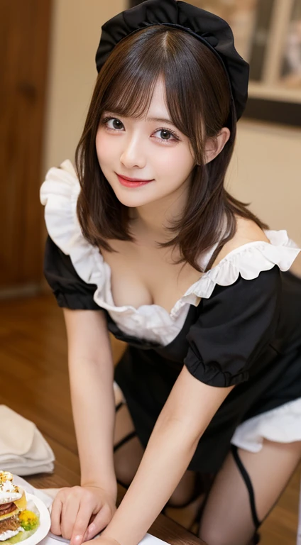 ((Highest quality)), ((masterpiece)), (detailed), Maid服,maid outfit,Maidカフェの制服,Costume Play,Cosplay,Maid,Costume,2peopleの女の子,2peopleの女の子,2people,20-year-old,美people,Beautiful face,Cute face,Big Breasts,Emphasize the chest,Laughing with mouth open and teeth showing,On all fours,On the bed,whole body,Realistic and natural look,looking at the camera,all fours