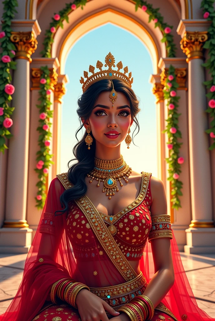 thepit bimbo, thepit style, glossy sexy bimbo, (((huge breasts))), (((beautiful indian woman, mature woman, black skin, royal palace, arabic palace))), long straight black hair, high cheekbones, sculpted face, perfect silicone tits, ((big red lips)), stunning red embroidered low cut gown, sexy, mysterious smile, seductive smile, masterpiece, high quality, 4k, beautiful design, extremely detailed, amazing, fine detail, absurdres, highly detailed woman, extremely detailed eyes and face, by lee jeffries, dark studio, rim lighting, two tone lighting, dimly lit, low key, (((very dark))), stunning mature indian woman with long black hair wearing low cut red dress with deep cleavage and necklace studded with rubies, intricate tiara studded with emeralds and diamonds, wearing expensive jewelry, (large necklace:1.25) <lora:epiNoiseoffset_v2:2>