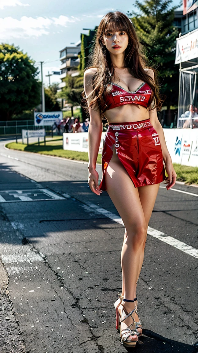 1girl in, 30 years old, Square face, Long hair, Looking at viewer, jewelry, Realistic, Sexy, racing outfit, colorful outfit, F1 racetrack background, freestyle pose