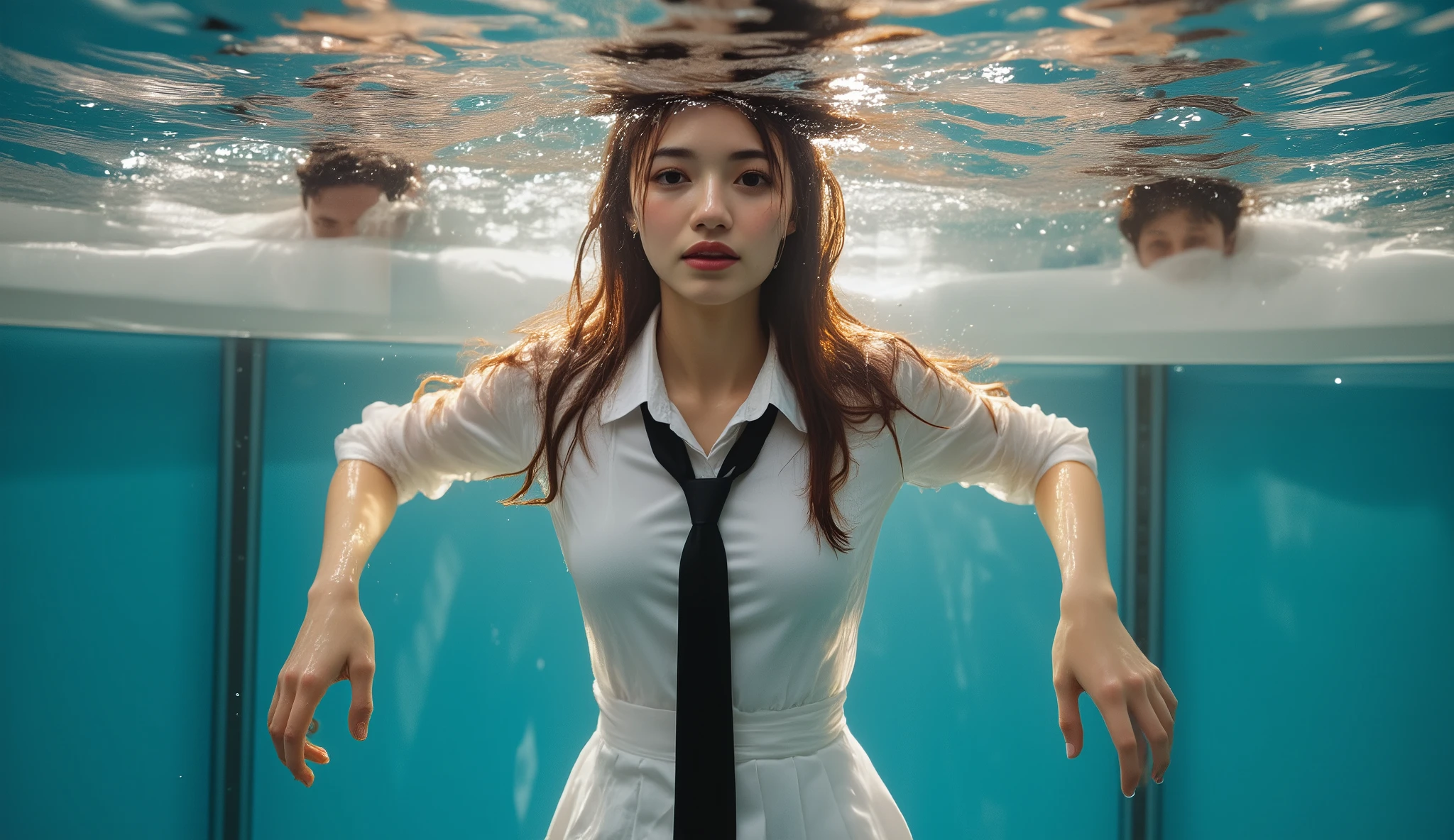 A beautiful 18-year-old girl in office wear, dunked in a dunk tank. She is fully submerged beneath the surface of the water. She has her hands pressed against the front of the tank. She is facing the viewer.