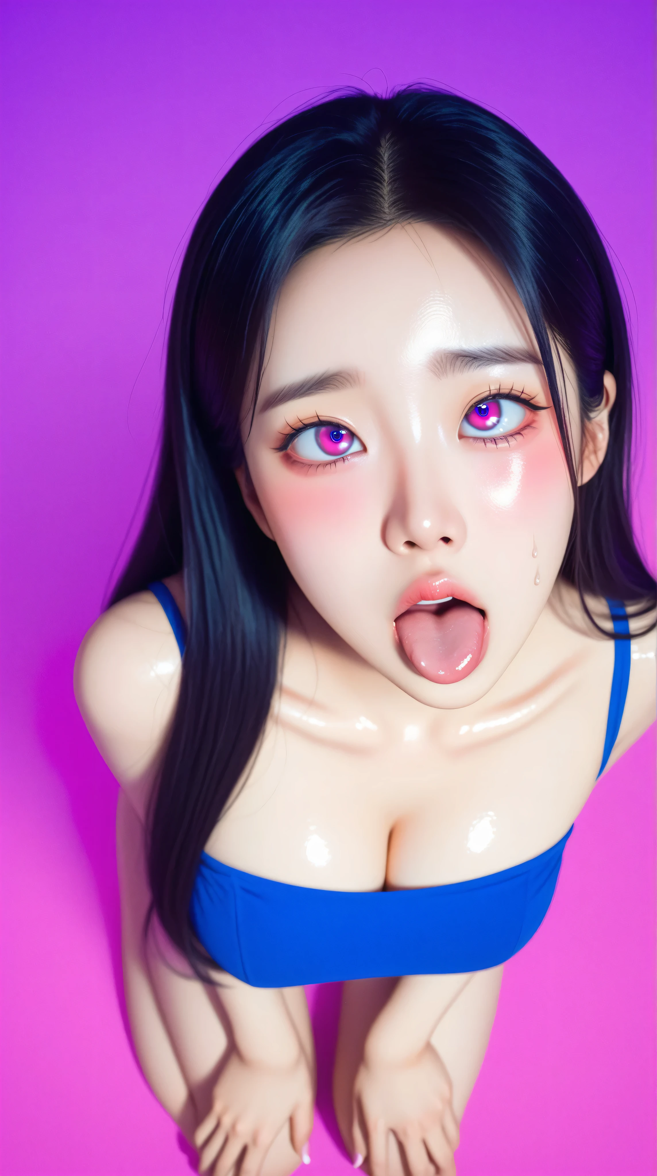 ((Ahegao)), (low lighting), (neon atmosphere), light background, nezuko komado, on knees, looking up, Black Hair, view from above, ((pink eyes)), big detailed eyes, ulzzang, cleavage, big breasts, orgasm, sweaty, heavy blushing, Kizi girl,Highly detailed, Amazing work,Vitreous luster,((clean backdrop)),In pink,(((blue colors))),purple color,red colour,Best quality at best,clean backdrop, shiny skin, very young korean girl, petite, slender, perfect breasts, sexy, heavy blushing, submissive, plain background, blue background, red background, purple background, blowjob,