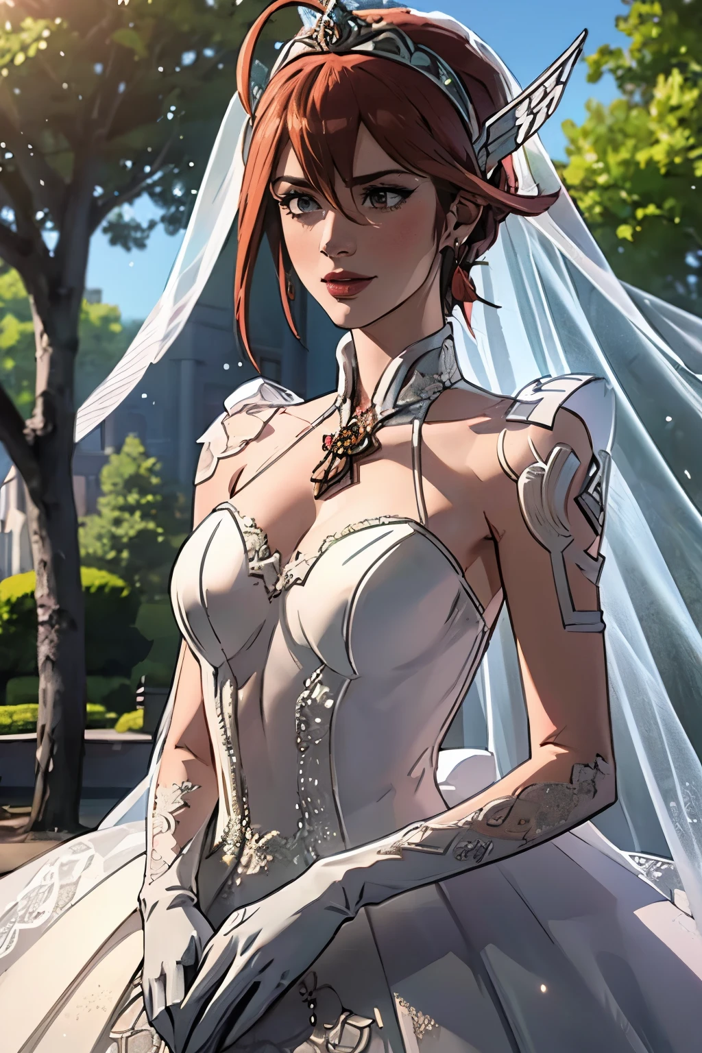 1girl, solo, Caeldori FE, crown,earrings ,lipstick, eye shadow, makeup, hair between eyes, ahoge, hair ornament, gloves, dress, cleavage, bare shoulders, collarbone, white oprea gloves, white gloves, white dress, strapless, white choker, tiara, veil, strapless dress, wedding dress, bridal veil, beautiful woman, perfect body, perfect breasts, wearing a wedding dress, ball gown, in the park trees, wedding decorations, looking at the viewer, smile, realism, masterpiece, textured skin, super detail, high detail, high quality, best quality, 1080p,
