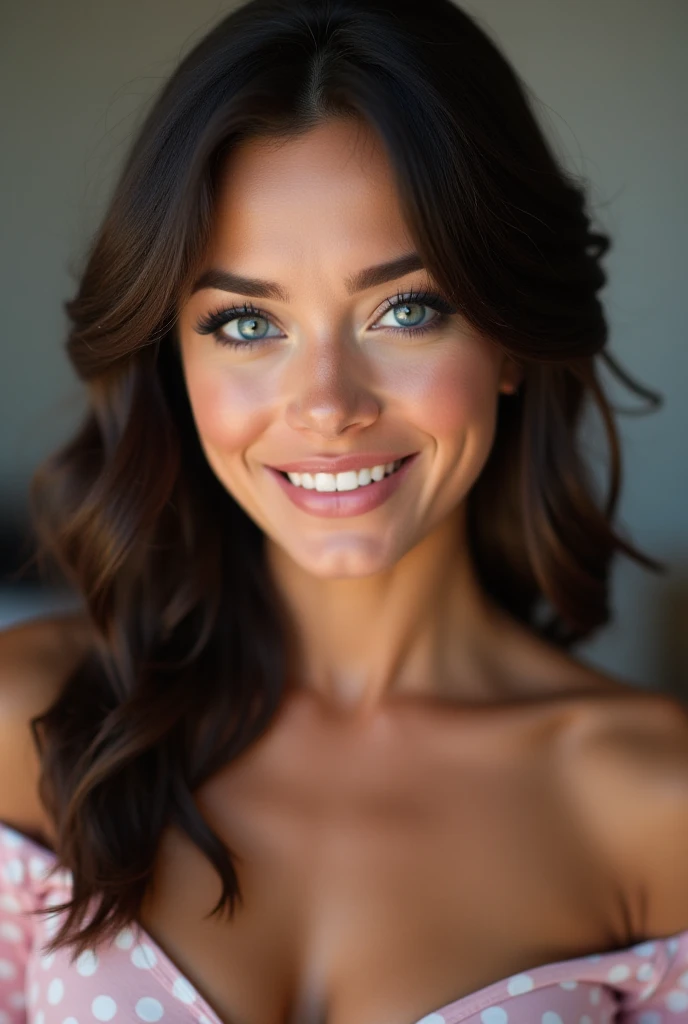 Model 25 Jahre alt, [[[[Closeup]]]], [[[[Brust]]]], [[[[Hals]]]], [[[[Schultern]]]], Perfekte Augen, Perfekte Iris, Perfekte Lippen, perfect teeth, Perfekte Haut, Weiches Frontlicht, glow, HDR, (dim colors:1.2) im Stil von Fadil Berisha