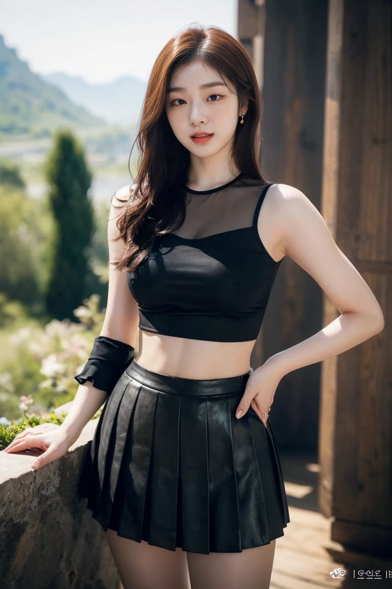 ((Top image quality、8k、​masterpiece：1.3))、FULL BODYSHOT、1 photo、Focus sharpness：1.2、Beauty with outstanding style：1.4、Slender abs：1.2、((Brown hair、huge tit：1.2))、body tank top:1.1、(autumn street:1.1)、Highly detailed facial and skin texture、A detailed eye、二重まぶた、Tight clothes、skiny body、Sheer clothes、Pin Heel Boots、ssmile、leather micro mini wrap skirt、short rider jacket、red leather、Black pantyhose
