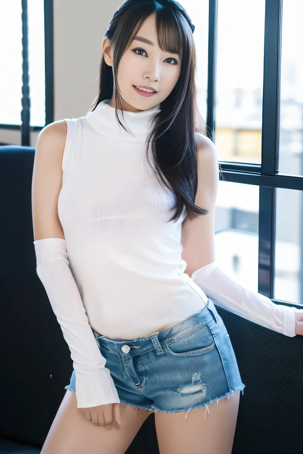 (UHD、 Masterpiece、 anatomically accurate 、 textured skin、 super detailed 、 top quality、 high resolution、8k、Bloom、 front light :1.2、 perfect dynamic configuration)、(24 years old、 cute and sexy high school student 、 sexy face、Long face、Distant look、Gentle eyelids、 thin eyebrows、Gentle eyelids、Beautiful Nose、 totally captivating you 、 erotic eyes 、 beautiful taste of eroticism 、Too cute beauty)、( fashion leader :1.3)、( in the seat、 in the seat)、(( wearing a purple sleeveless turtleneck sweater:1.3))、( white pleated mini skirt)、( knee-high boots )、(Pretty big boobs、 slender figure、 tight abs、 firm breasts :1.1)、 beautiful collarbone、( dark blond hair、 wavy hair、 long hair:1.2)、(( asymmetrical bangs:1.2))、break、(( standing by the window drinking coffee :1.2)), ( super high leg cut micro denim shorts with :1.1), ( super high leg cut micro denim shorts with 見る人:1.2), (( face where underwear is visible:1.2)),((A morning in a modern Japanese office:1.2)), ( cowboy shot:1.2),Mizuki々