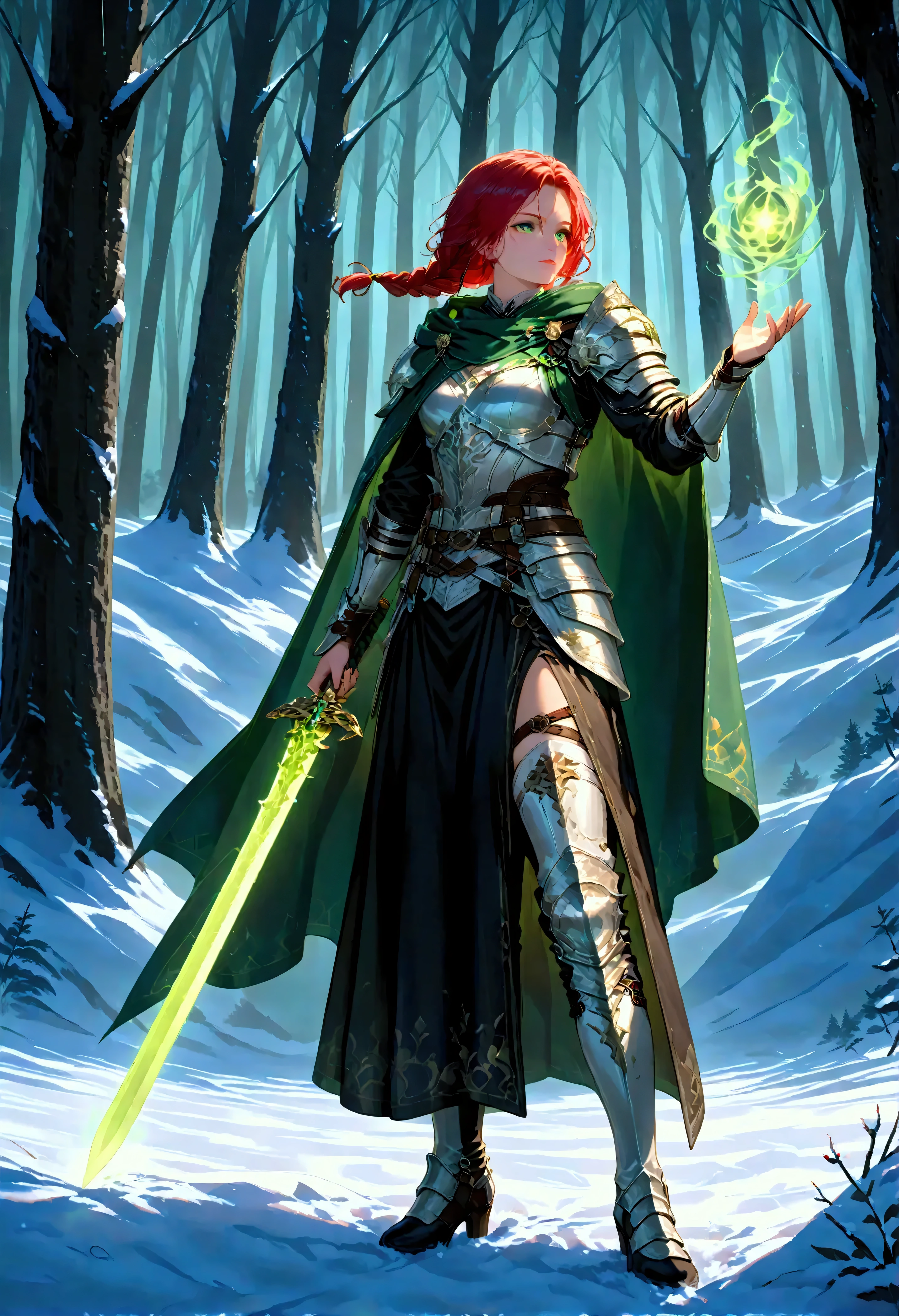 score_9, score_8_up, score_7_up, score_6_up, score_5_up, score_4_up, fantasy art, RPG art, fantasy art, ultra wide shot, RAW, photorealistic, a portrait picture of female human ranger, the ranger, an exquisite beautiful human woman, long red hair, braided hair, green eyes, wearing (white leather armor: 1.2), wearing (green cloak: 1.1), armed with a (sword: 1.3), wearing high heels boots, standing in a dark forest at night, a sense of fear, yet she stands defiant and fearless, dark fantasy forest in the snow background, best quality, 16k, [ultra detailed], masterpiece, best quality, (ultra detailed), full body, ultra wide shot, Cinematic Shot