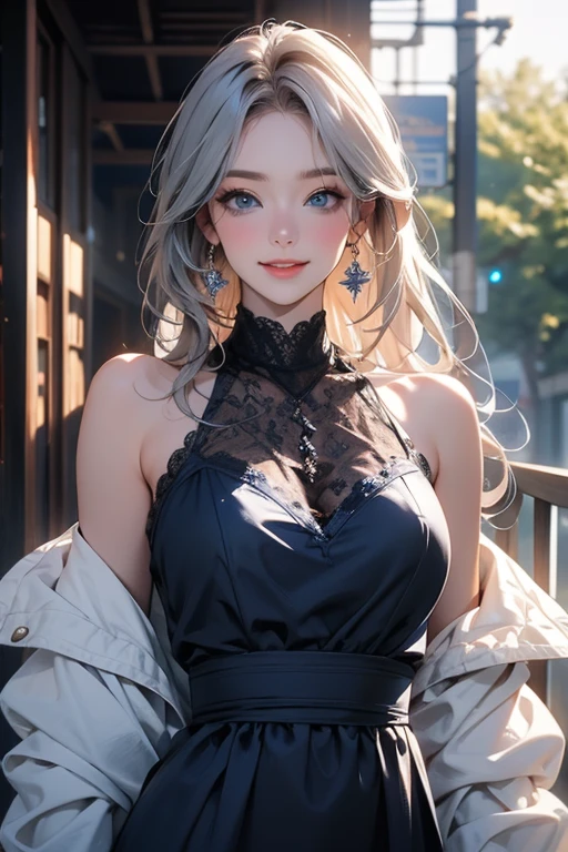 Urban beautiful girl college student, masterpiece, light makeup, Red lips, Silver Hair, Disheveled long hair, Street background, beautiful, elegant. Extremely fine detail, Master Works, Authentic texture, Realism in film lighting, Perfect job, 16k, High resolution, exquisite features,blue eyes、Japanese Idols、Beautiful face、Cute Smile、Brown Hair、beautiful hair、ponytail、glamorous、 Big Breasts、Erect nipples、Greasy muscle、Shiny skin、Sunburned skin、Shining black skin、Wearing a bra top and thong, Bright big eyes, Smooth skin, Earrings, necklace, tattoo